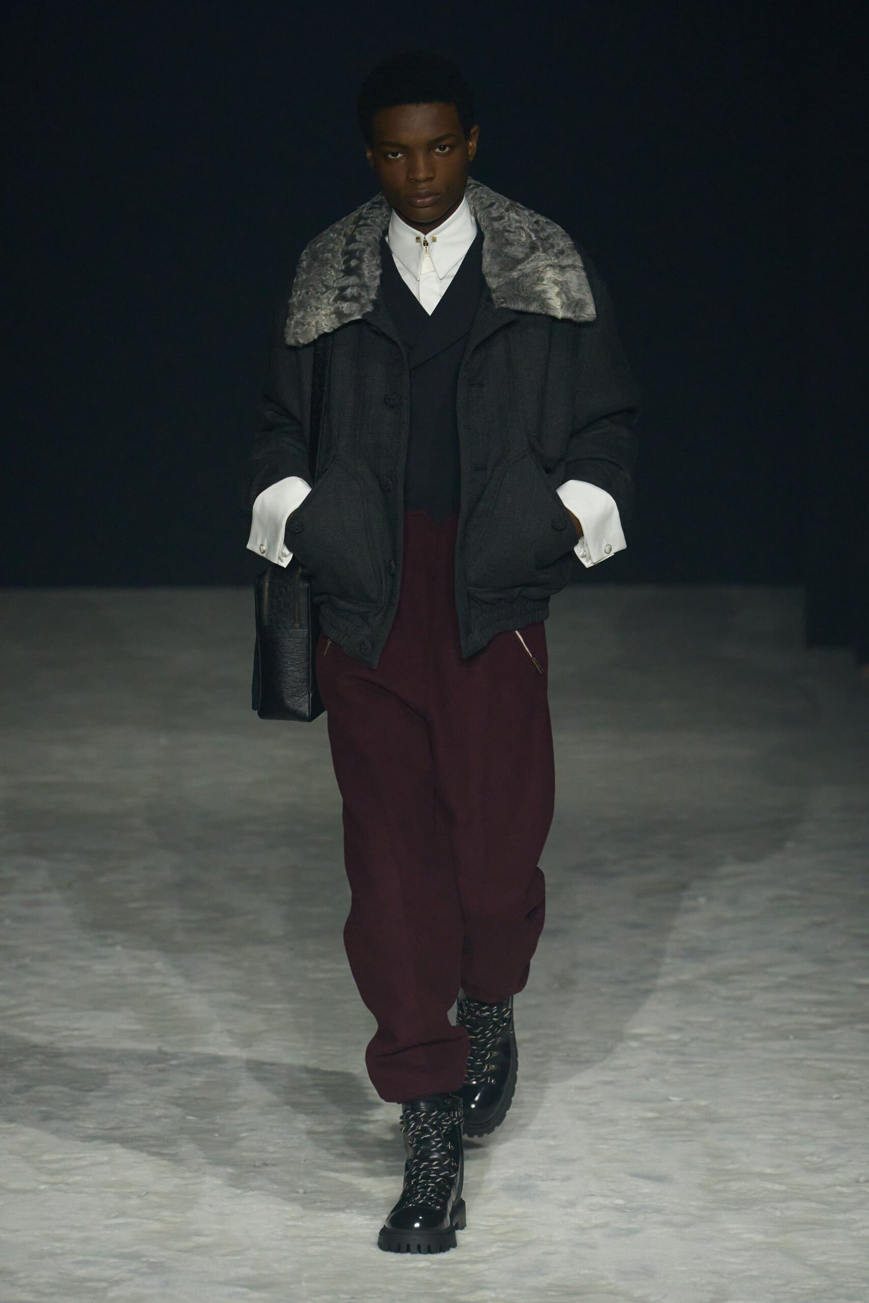 black wool long-sleeve collared relaxed zippered jacket