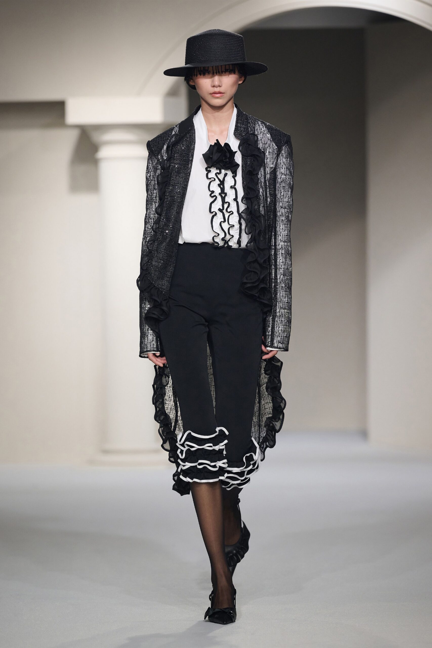 black silk long-sleeve collared relaxed ruffled layered coat