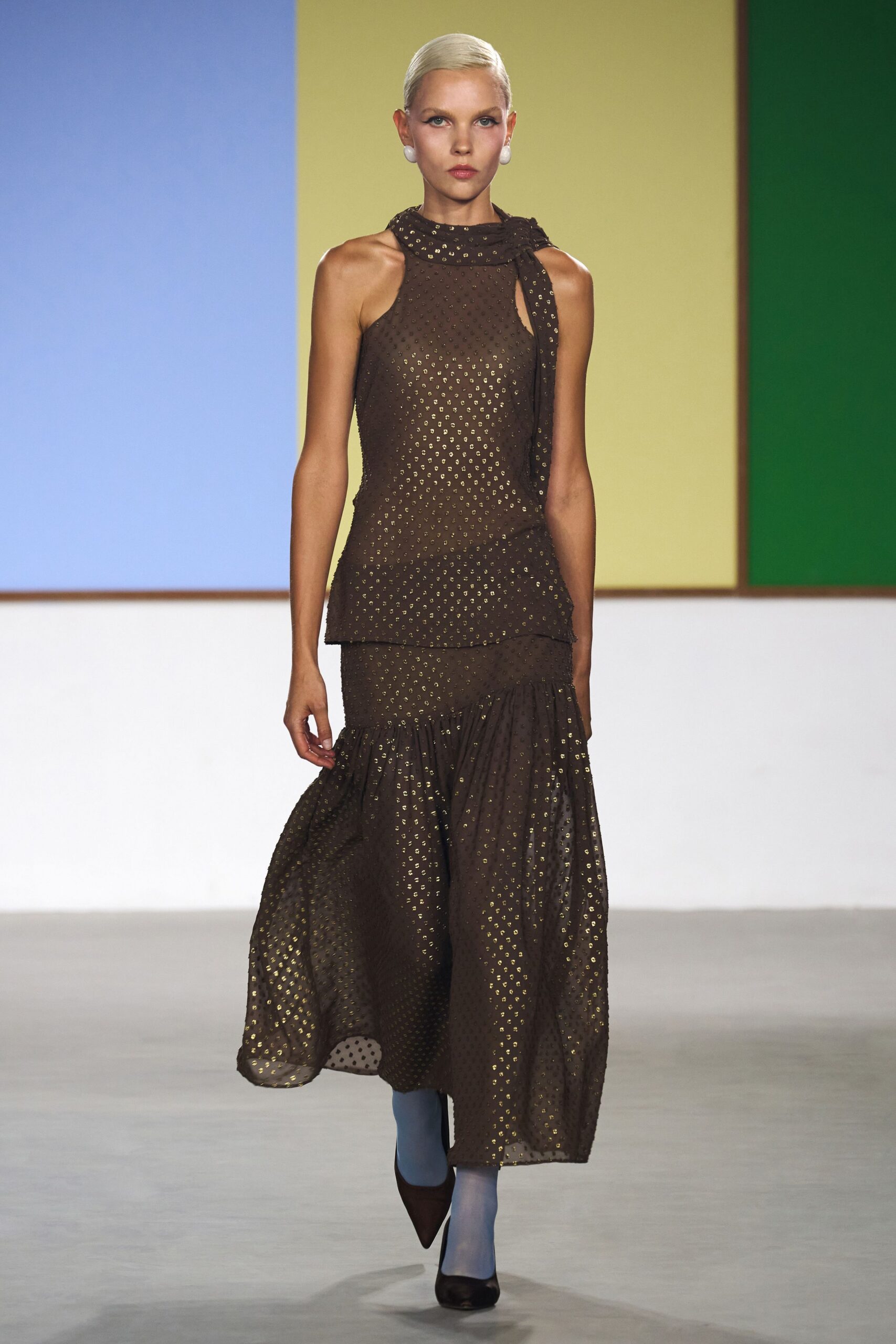 brown fitted top and tiered skirt