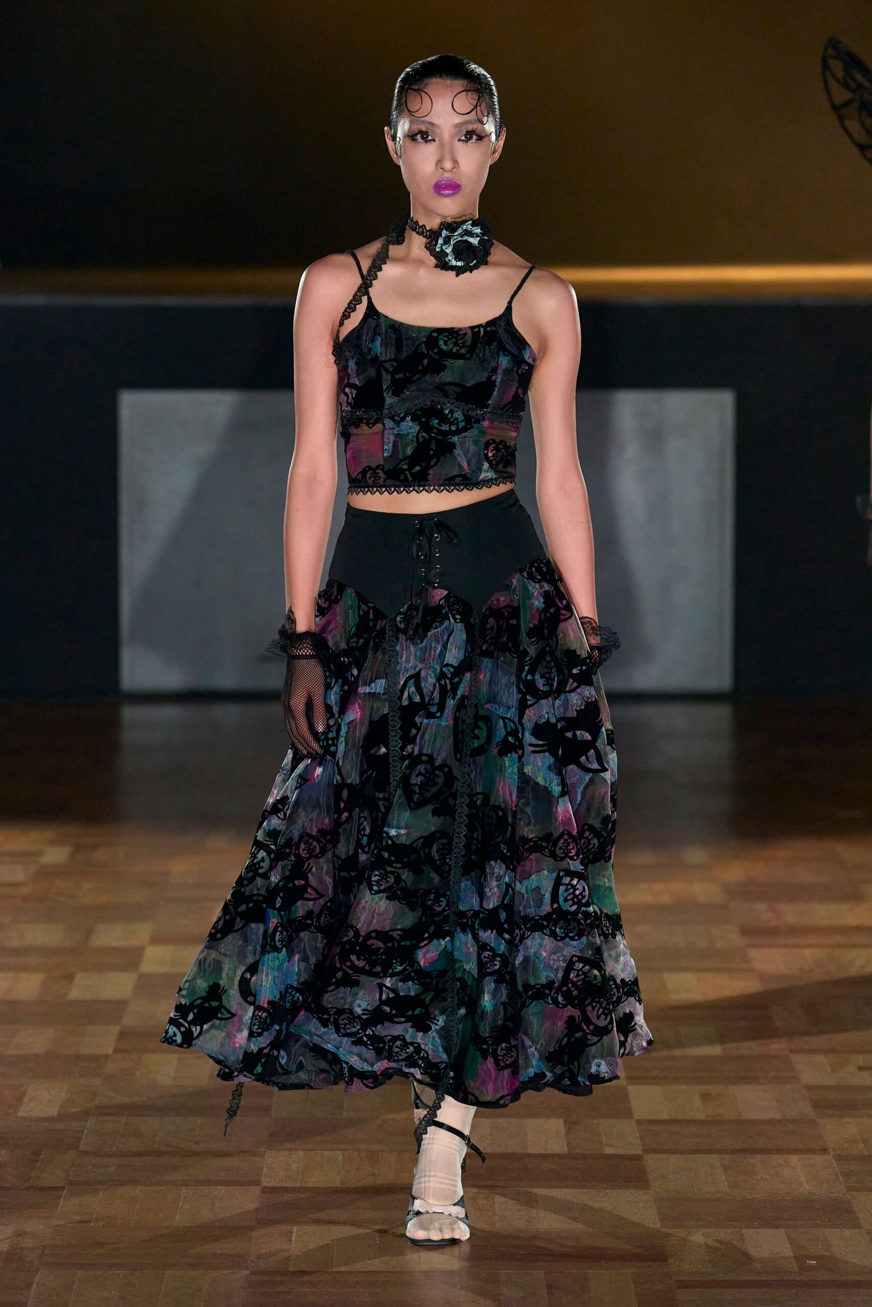 black silk fitted tiered midi skirt