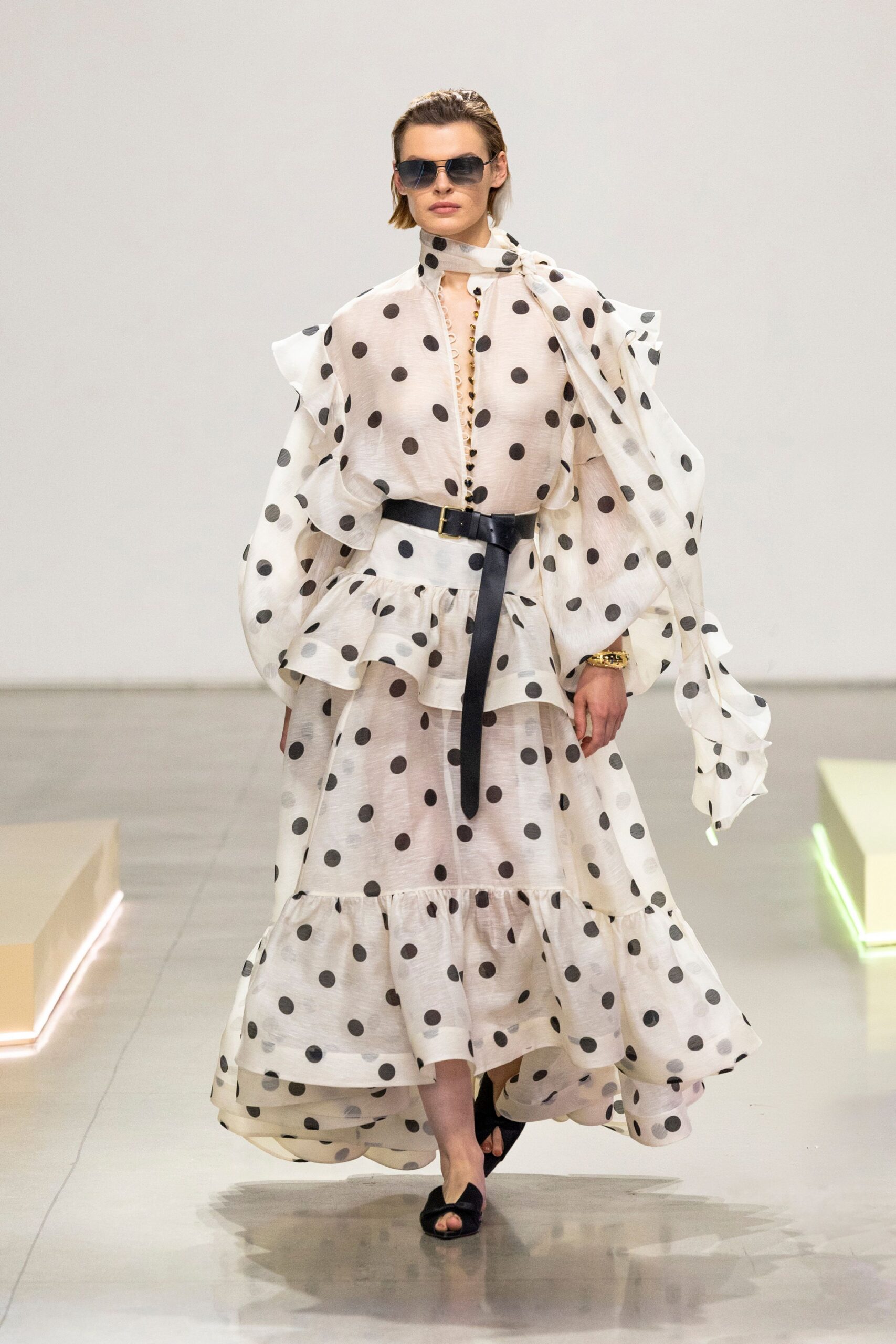 white chiffon long-sleeve collared fitted polka-dot ruffled dress