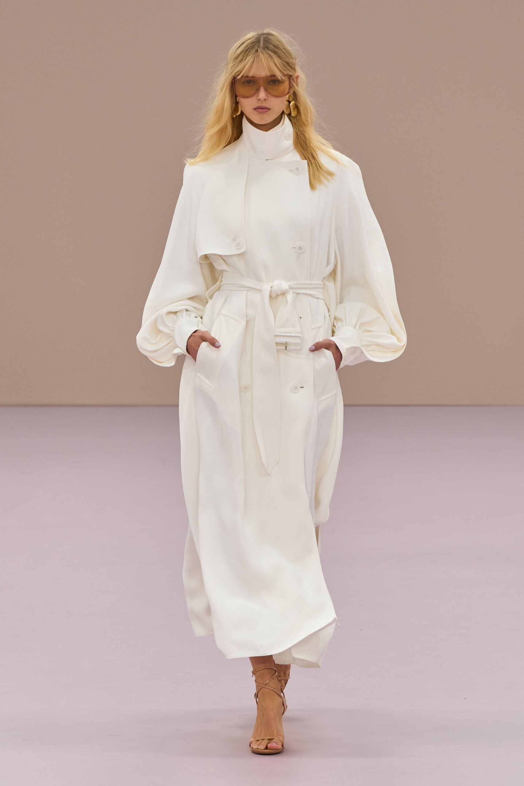 white silk long-sleeve collared relaxed belted buttoned coat