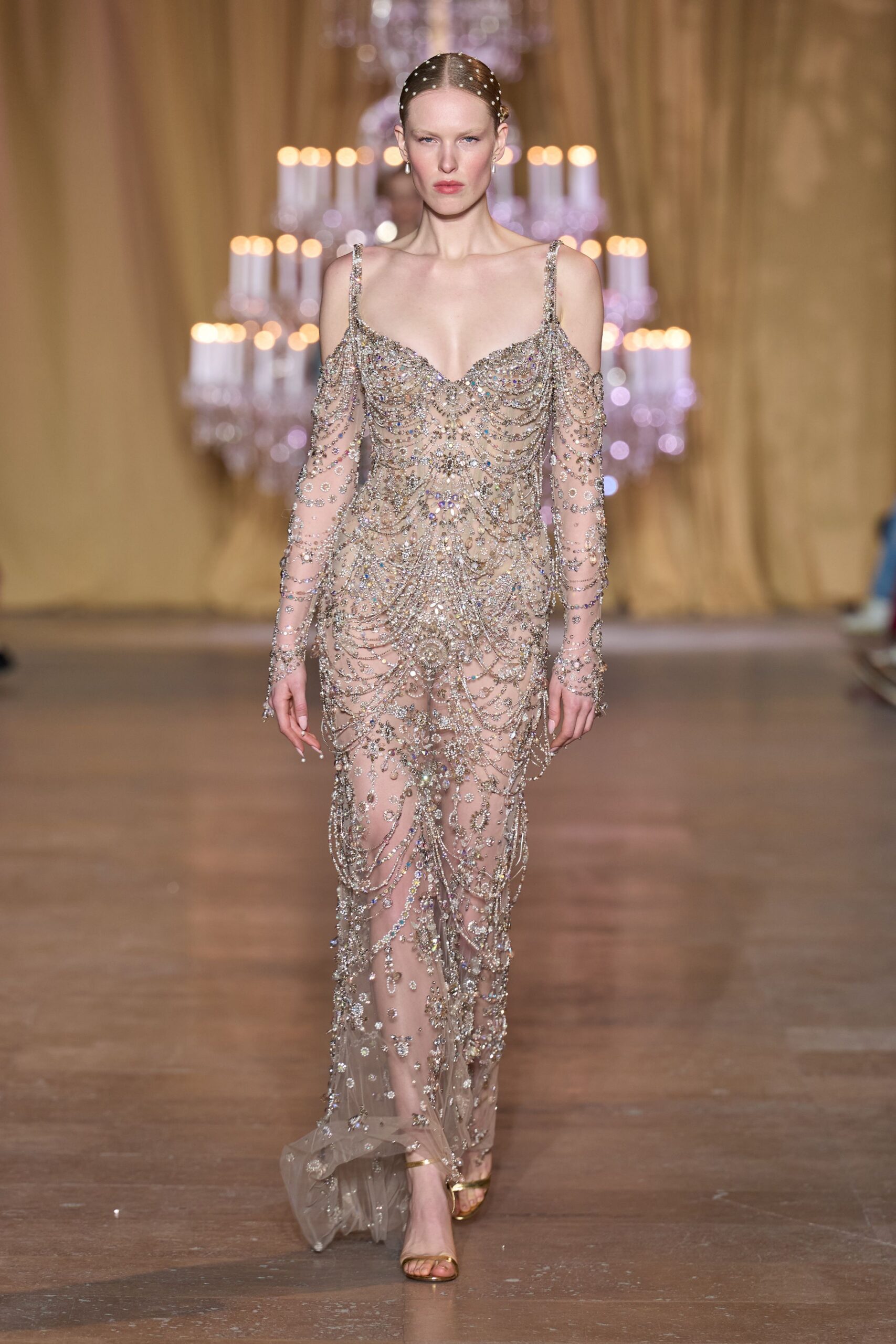 clear silk sleeveless off-shoulder fitted sequined beaded gown