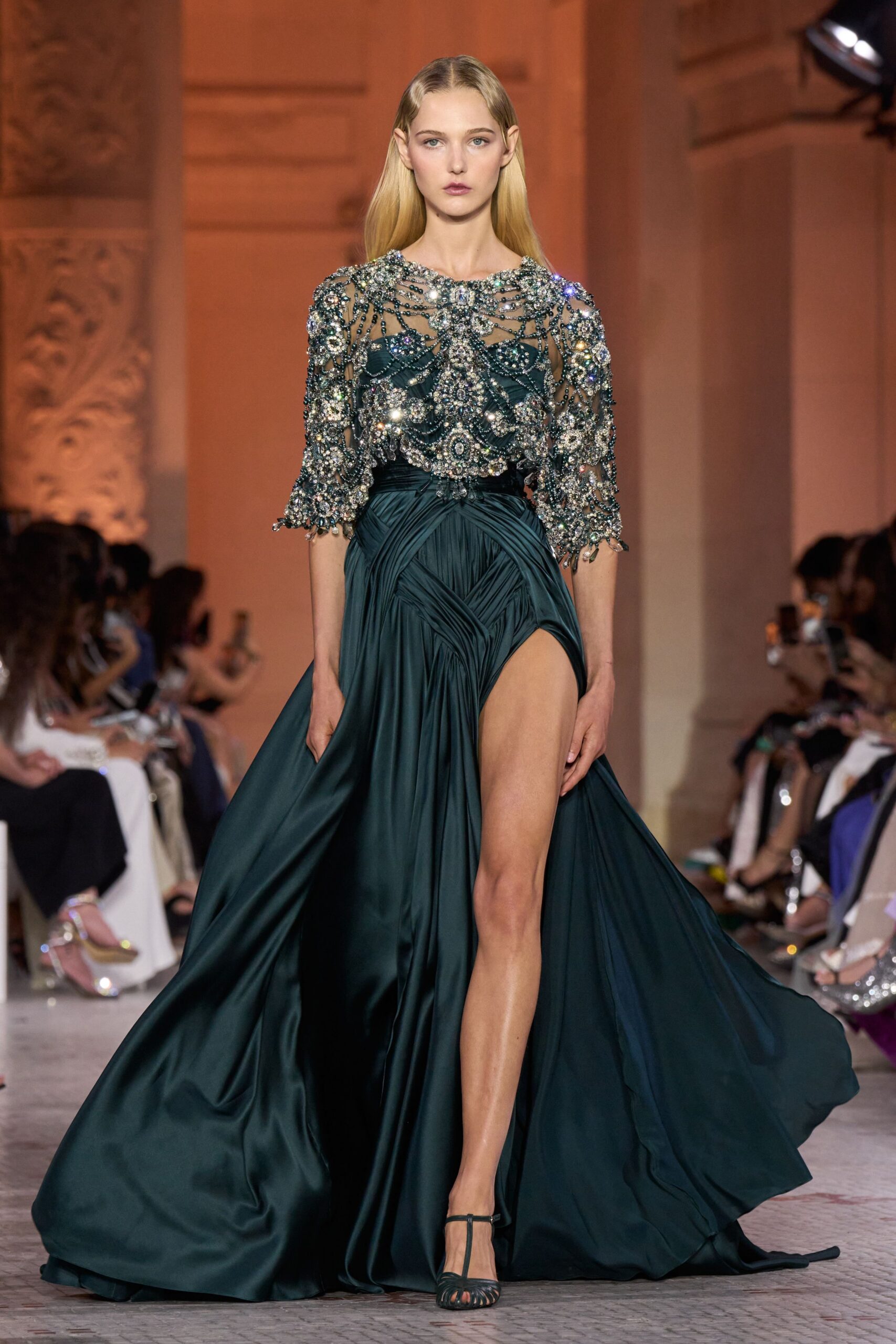 green silk short-sleeve v-neck fitted embellished flowing gown