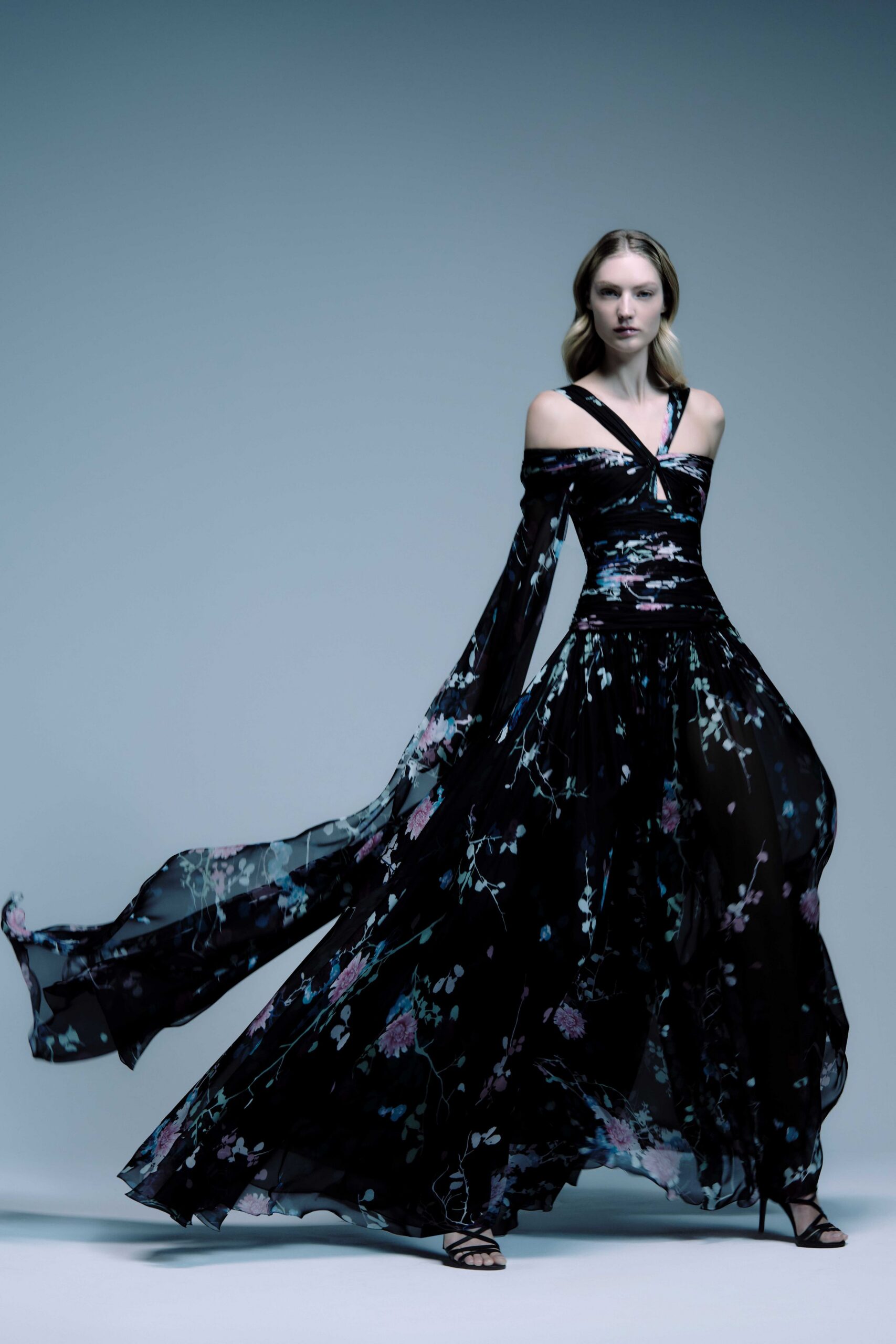 black floral off-shoulder gown
