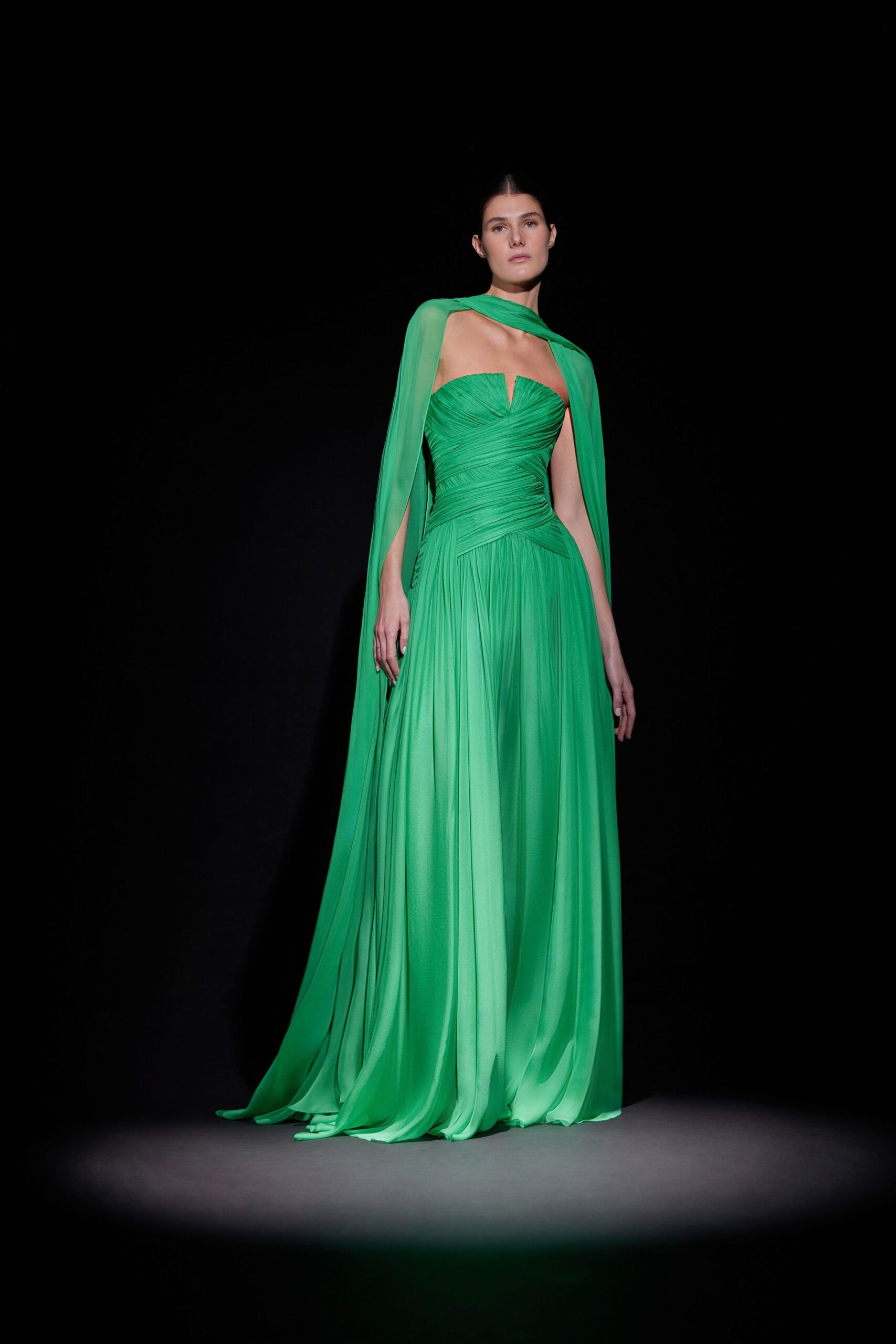 green silk gown with cape