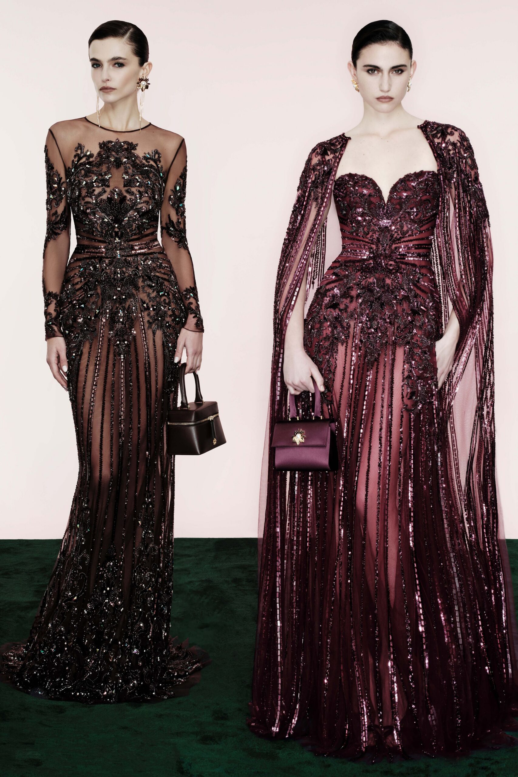 black silk long-sleeve v-neck fitted embellished layered gown