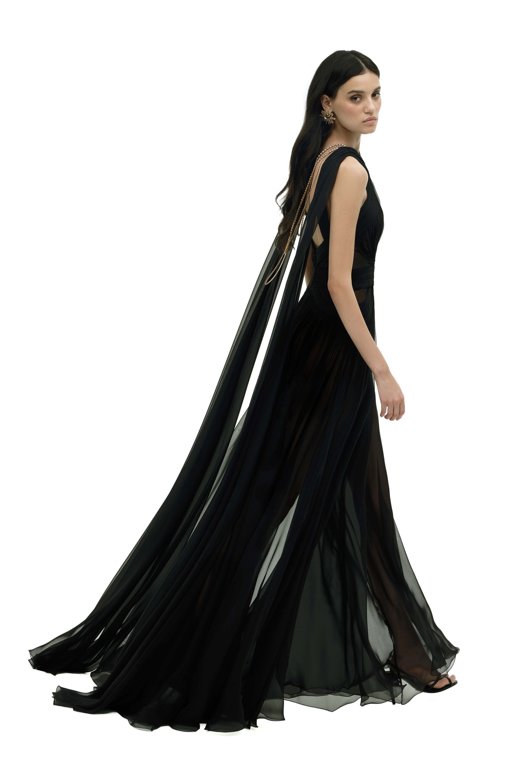 black silk sleeveless gown