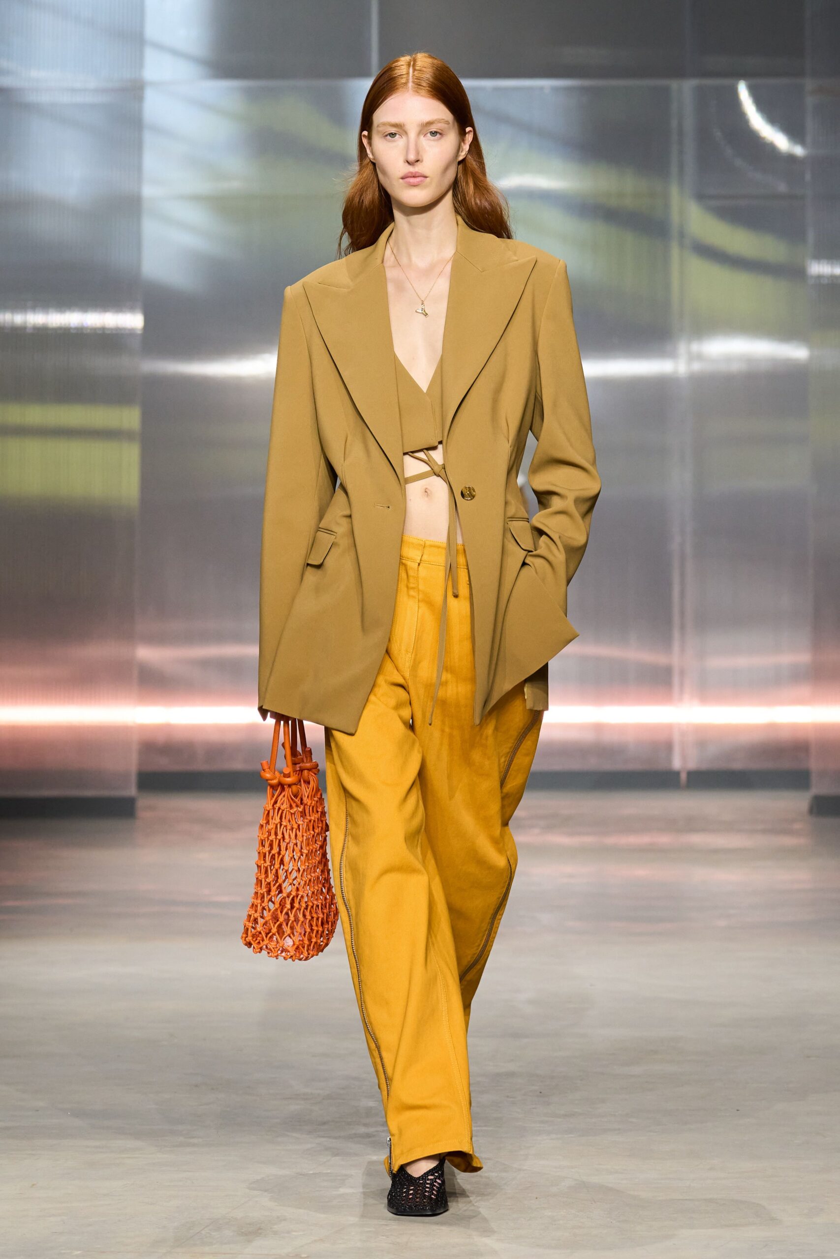 brown blazer beige top yellow pants