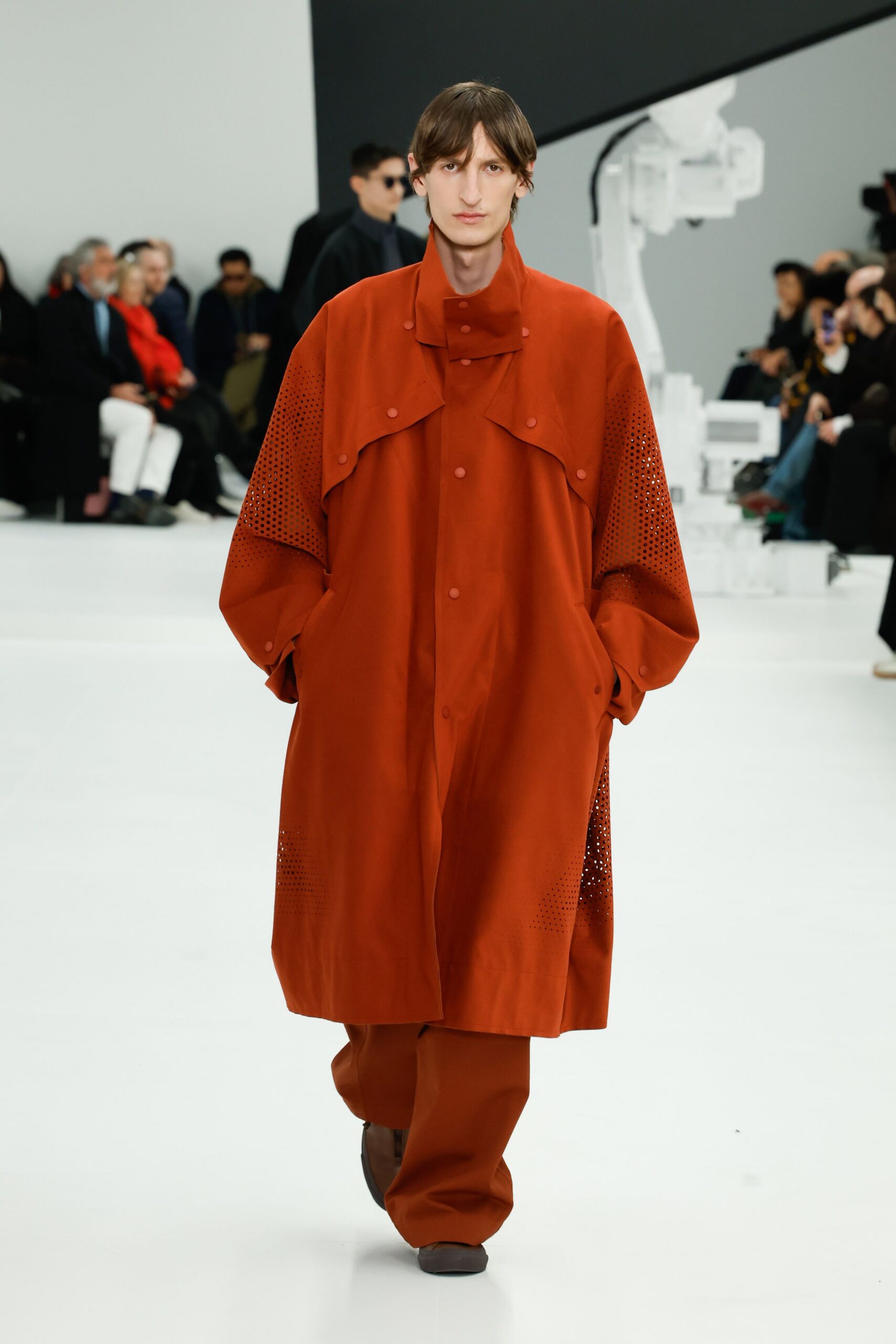 red cotton long-sleeve collared relaxed buttoned pleated coat