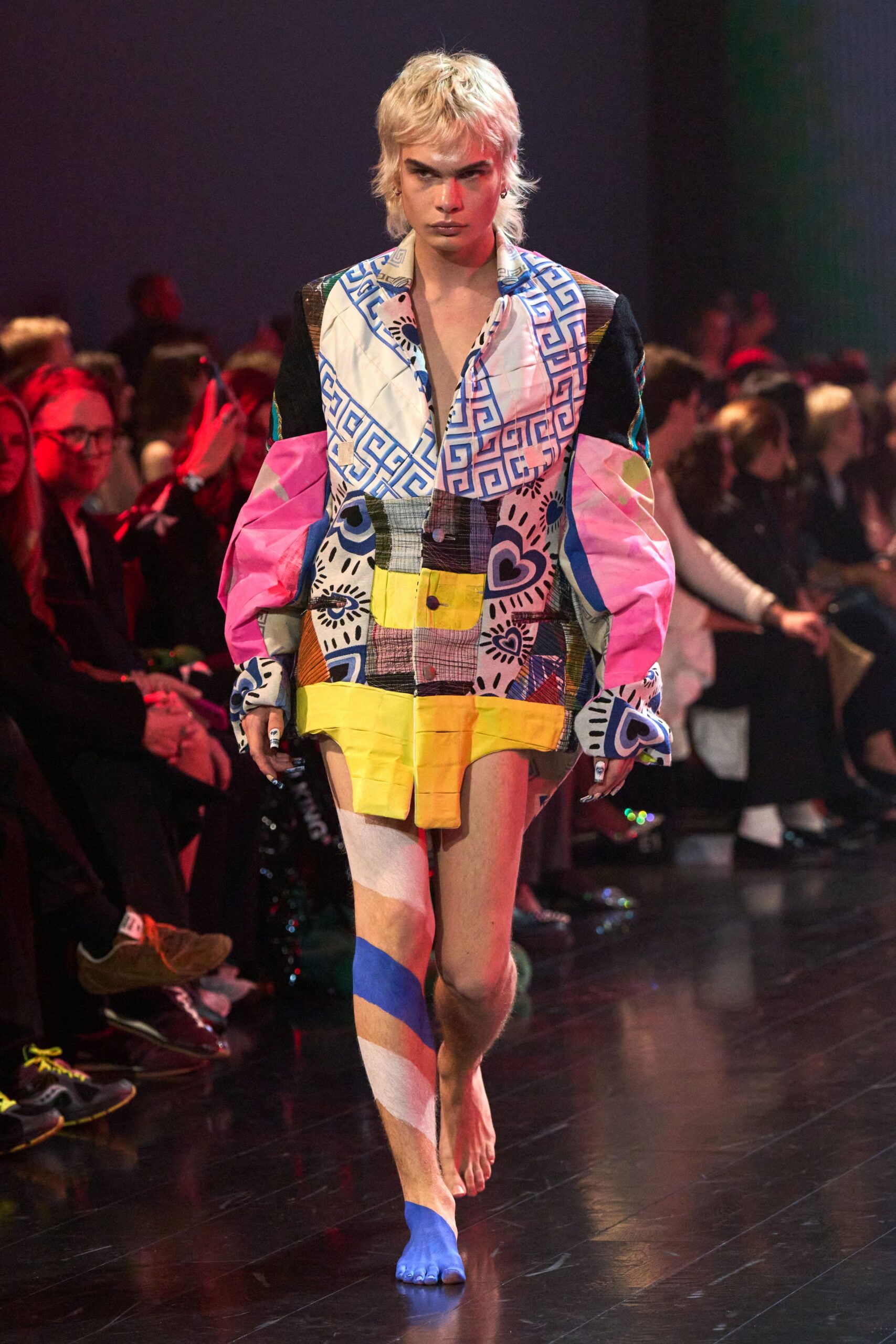multi-colored shirt with yellow shorts