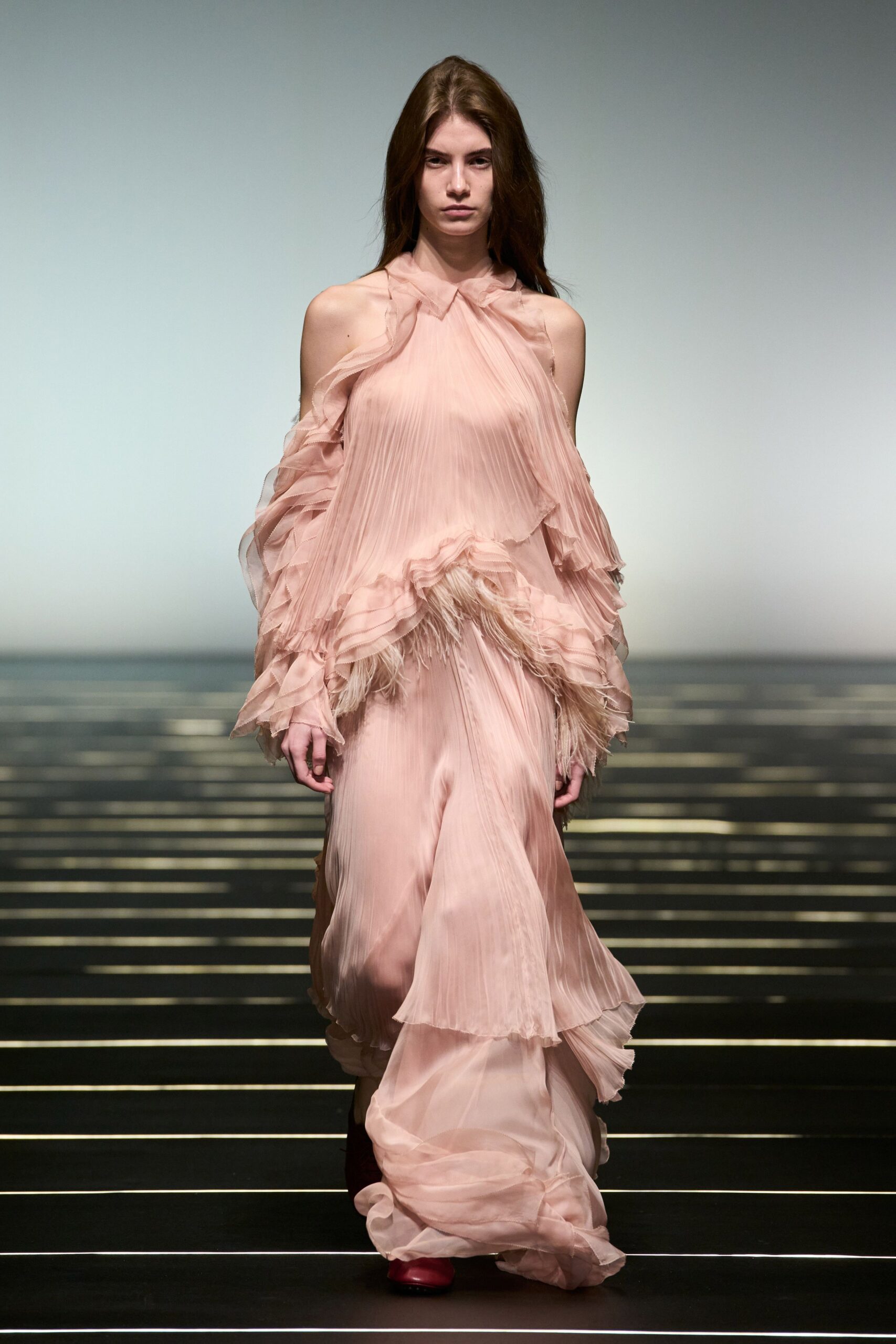 pink silk sleeveless off-shoulder fitted pleated ruffled gown