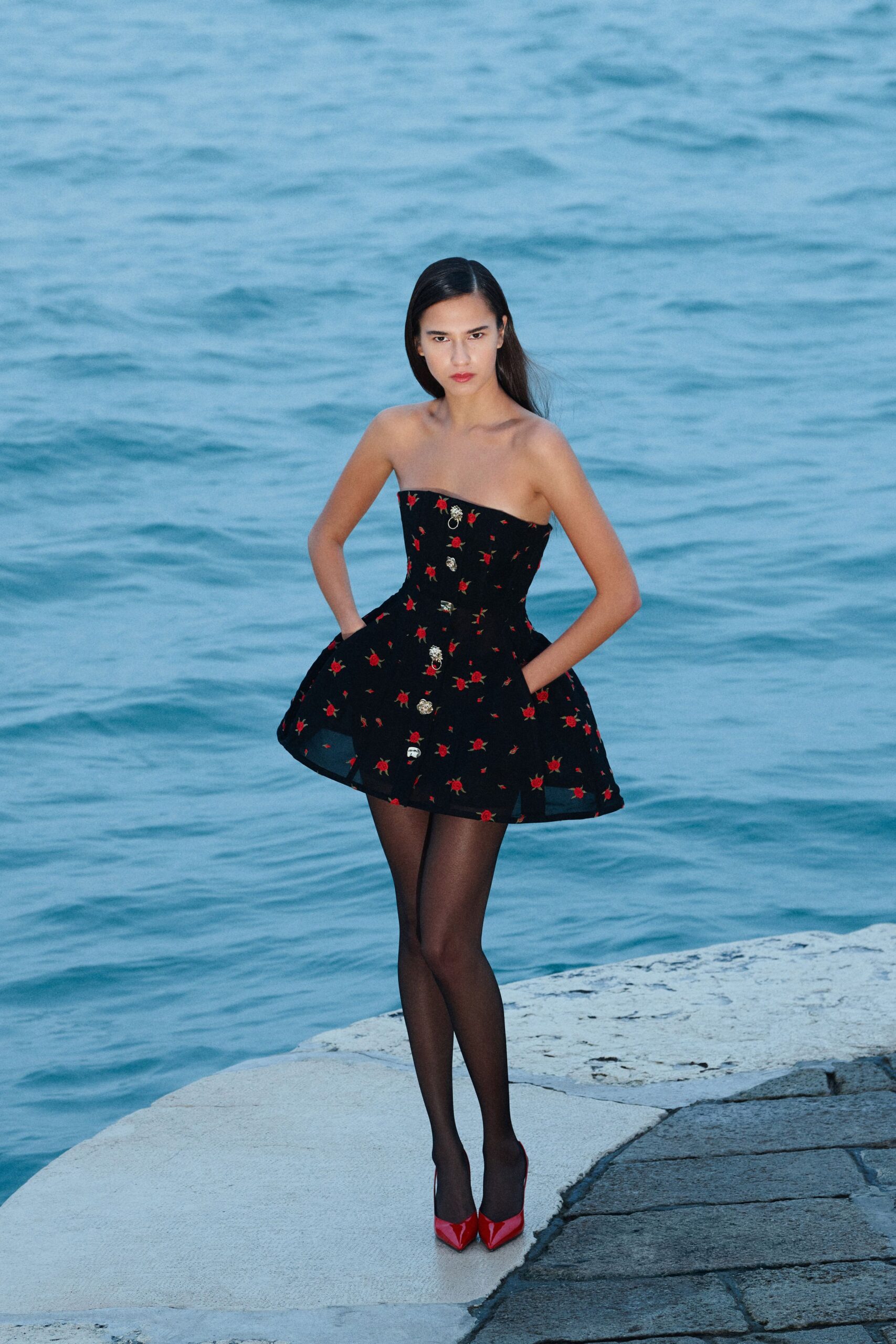 black cotton strapless fitted embroidered flared mini dress