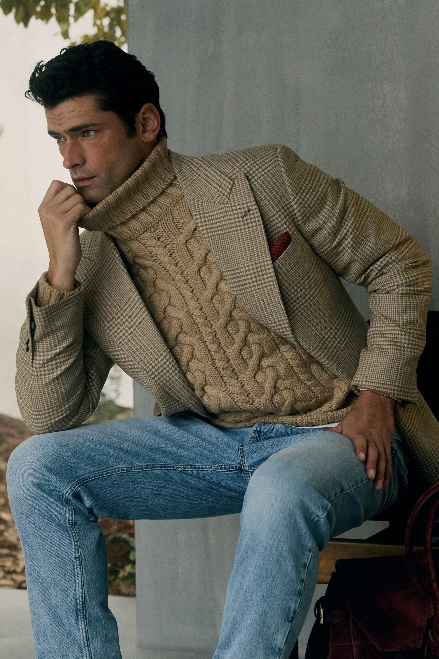 beige tweed blazer with sweater
