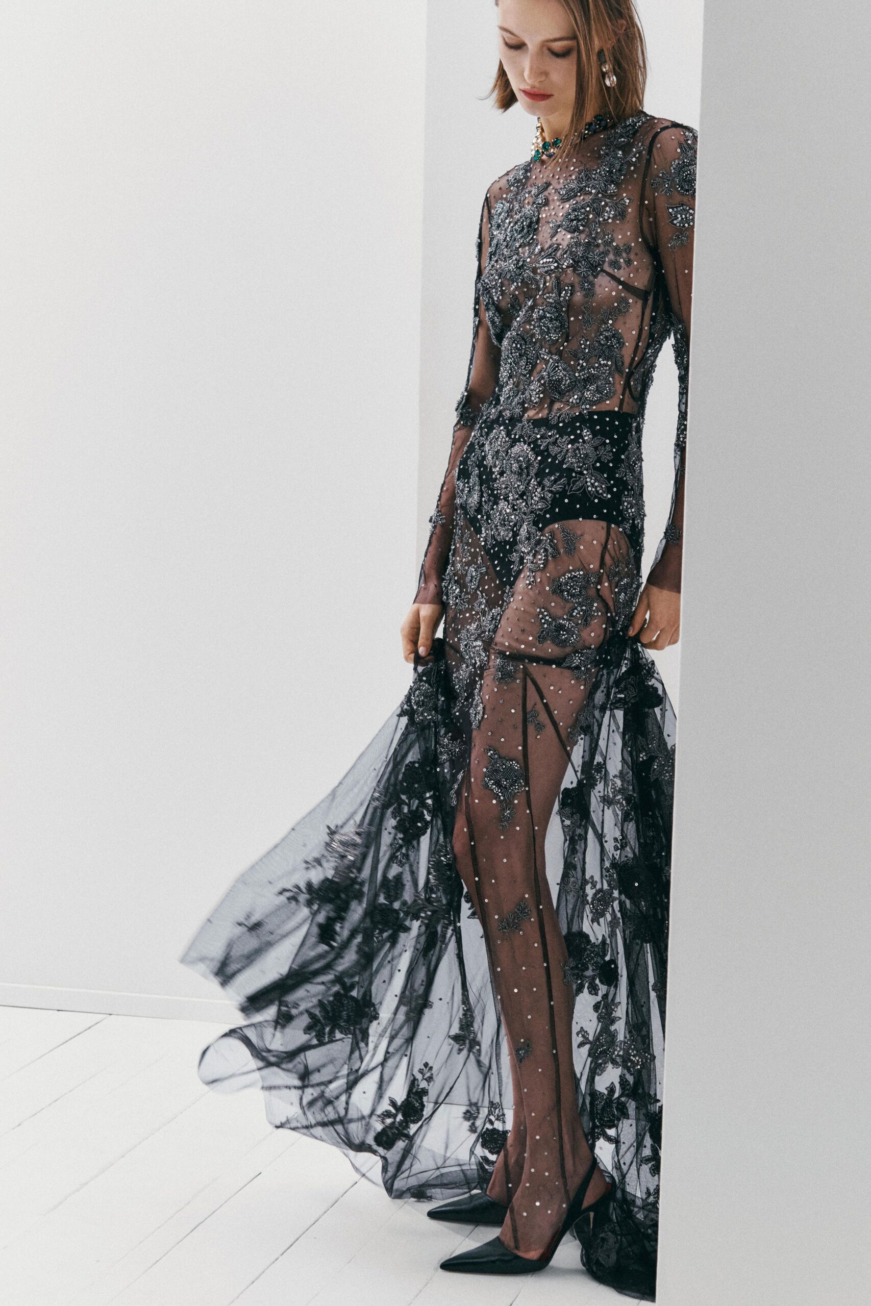 black tulle long-sleeve v-neck fitted embroidered layered gown