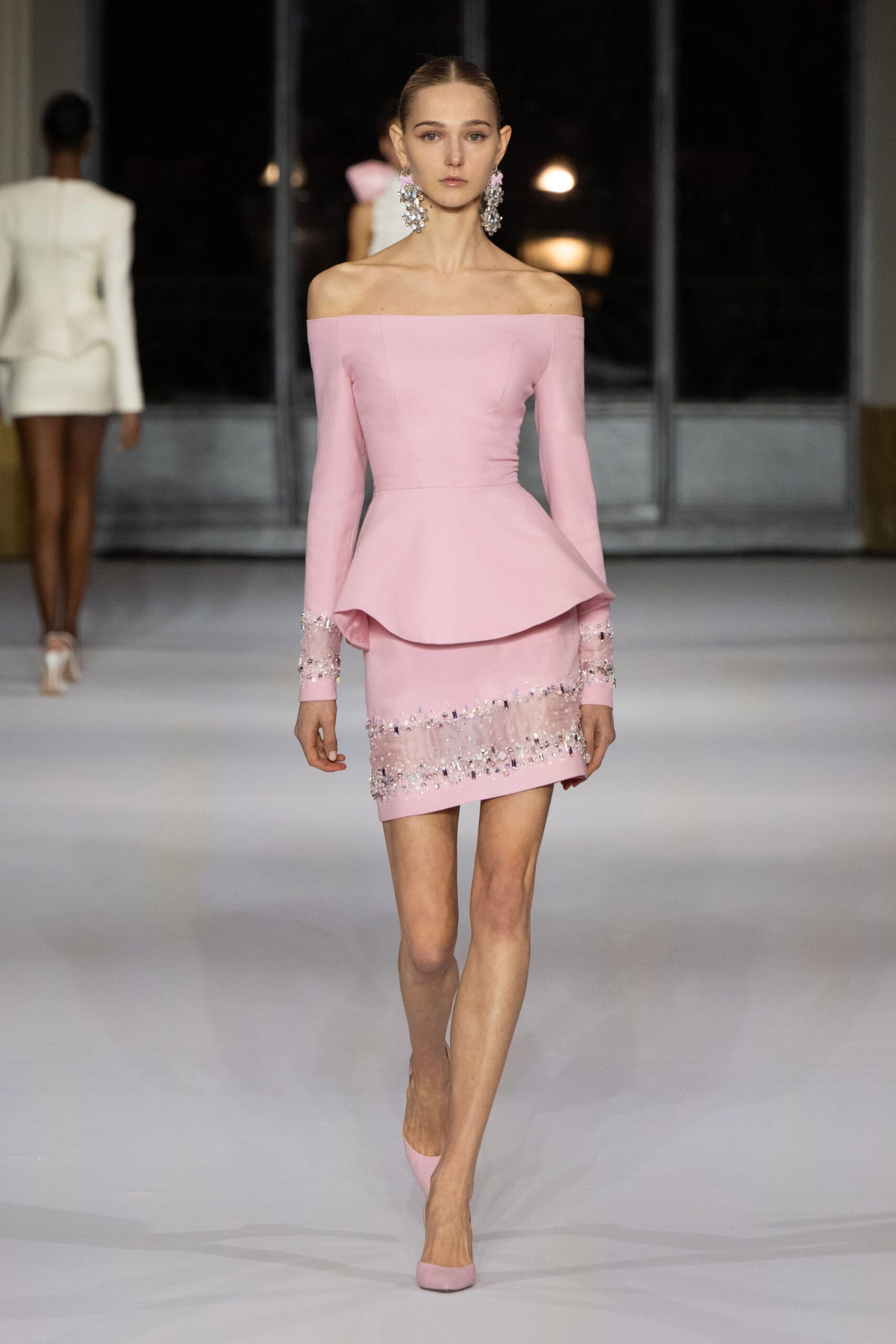 pink silk off-shoulder fitted pleated embellished mini dress