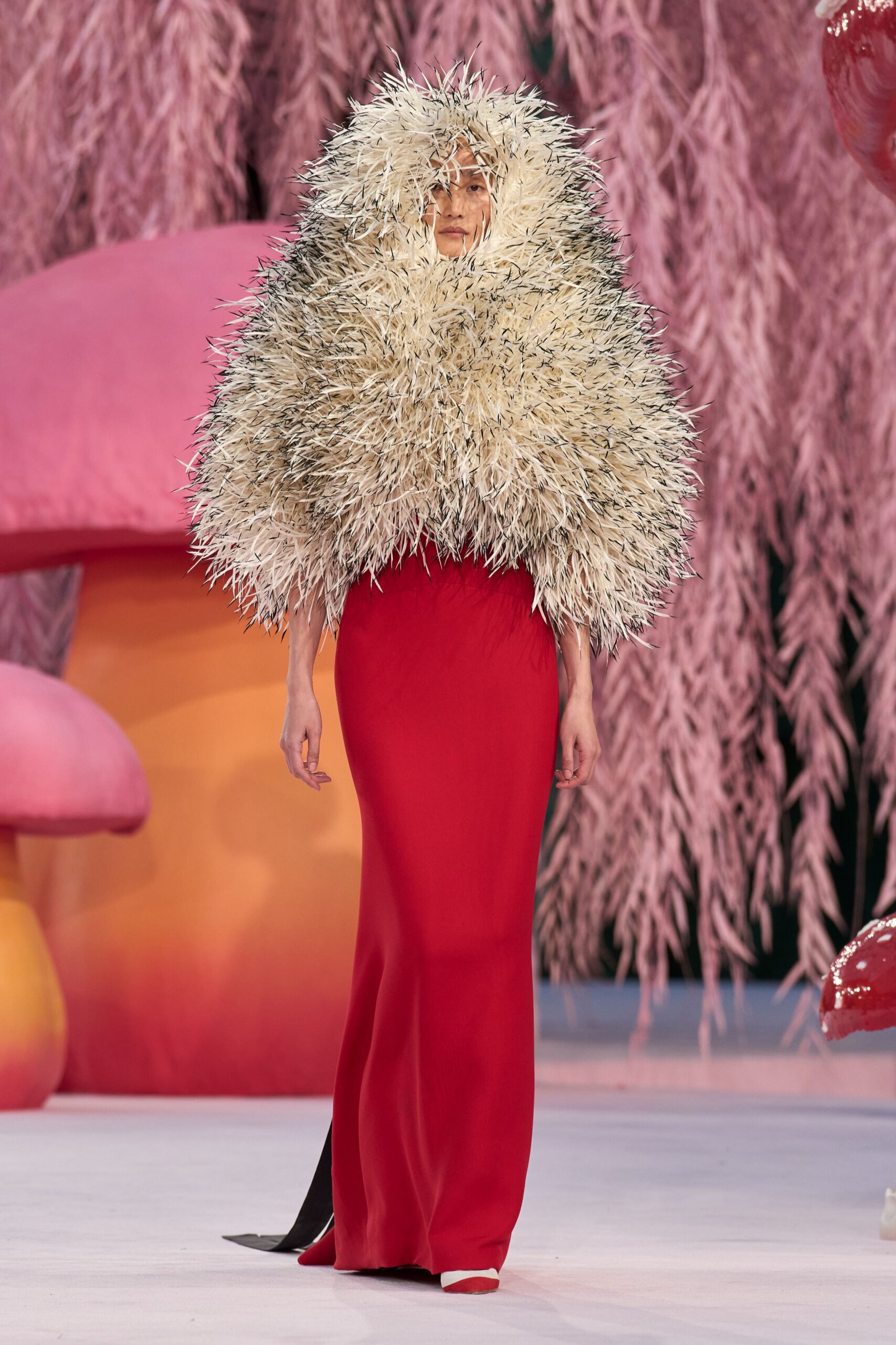 red silk long-sleeve high-neck fitted maxi gown