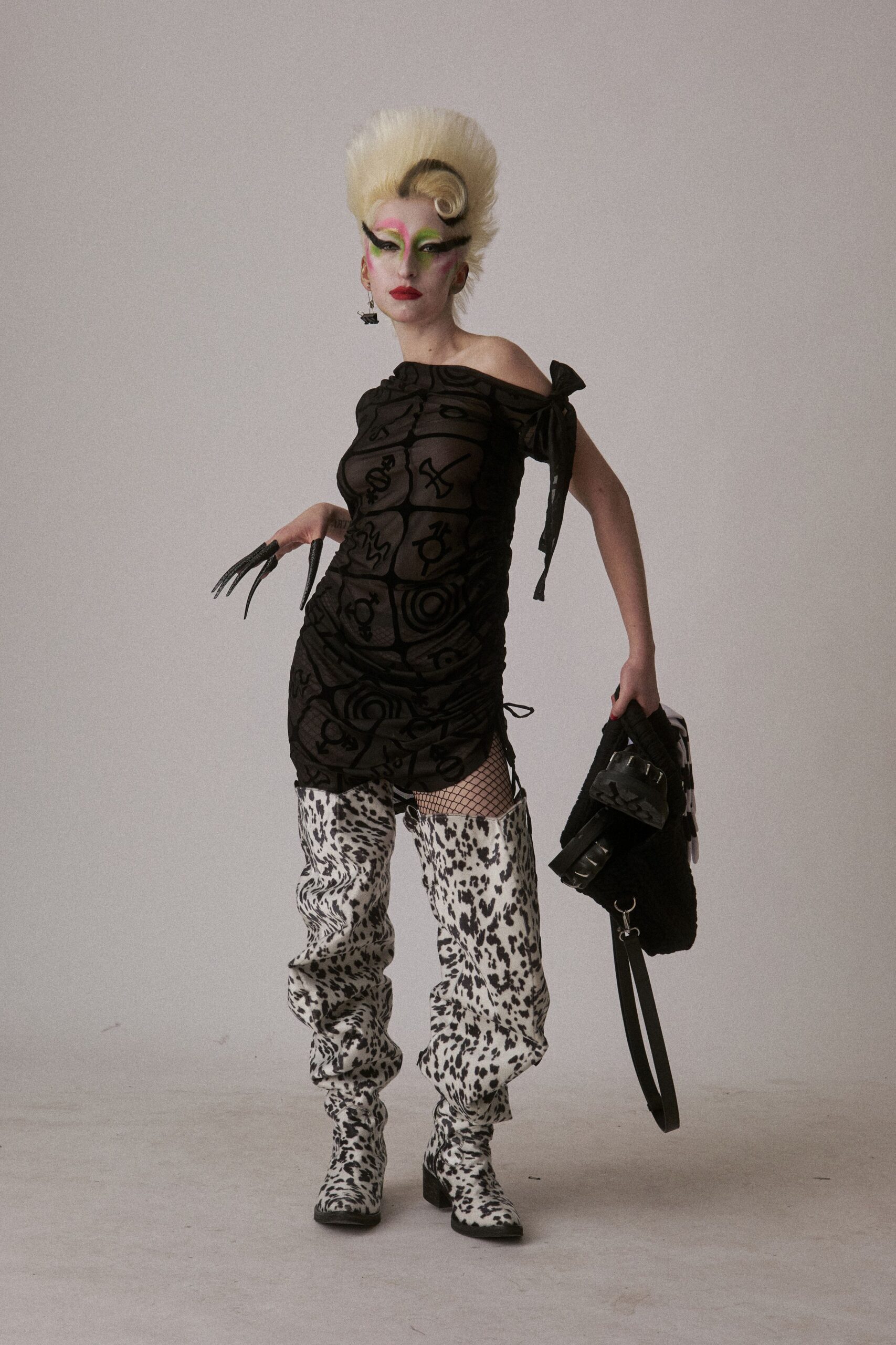 black faux-fur structured zippered bag