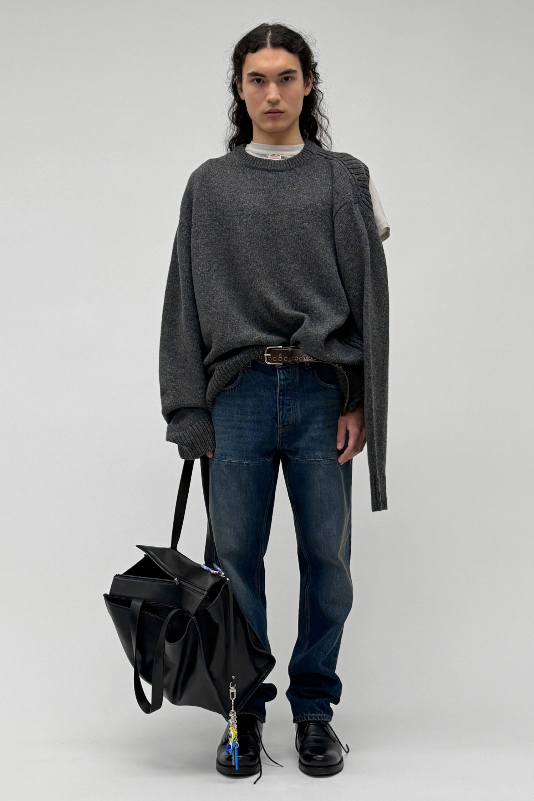 gray wool long-sleeve collared oversized sweater