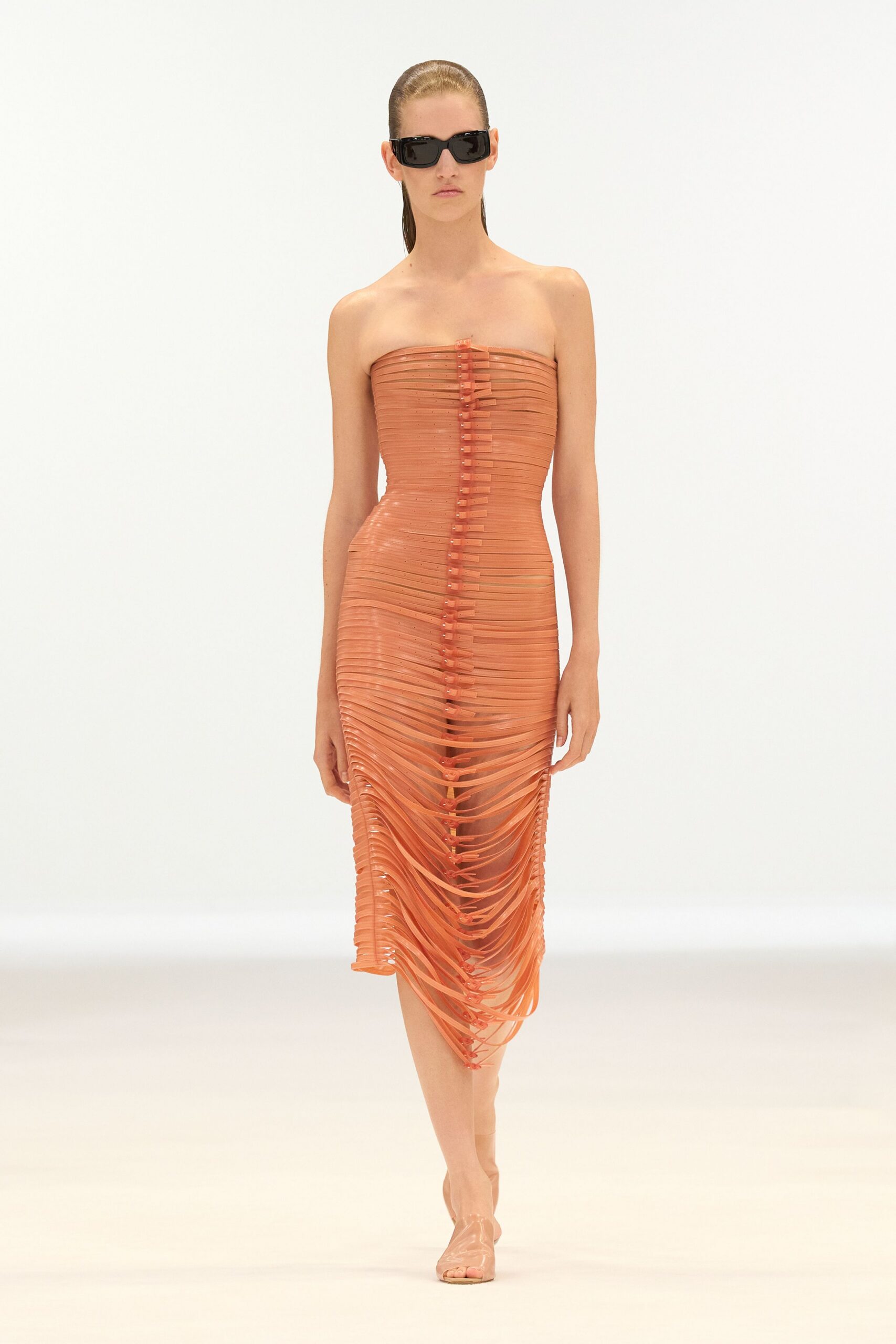 orange silk strapless fitted ruched sheer midi dress