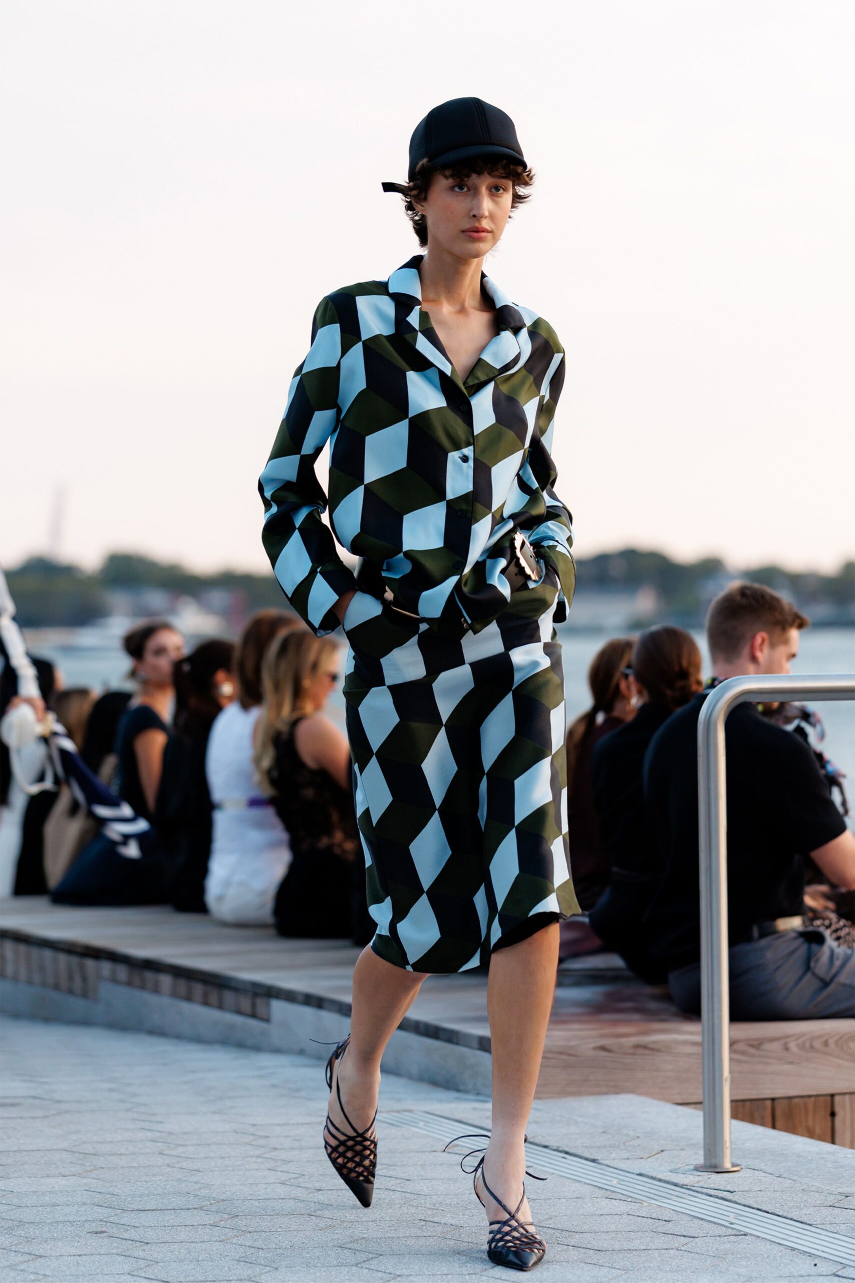blue and black printed blazer and skirt