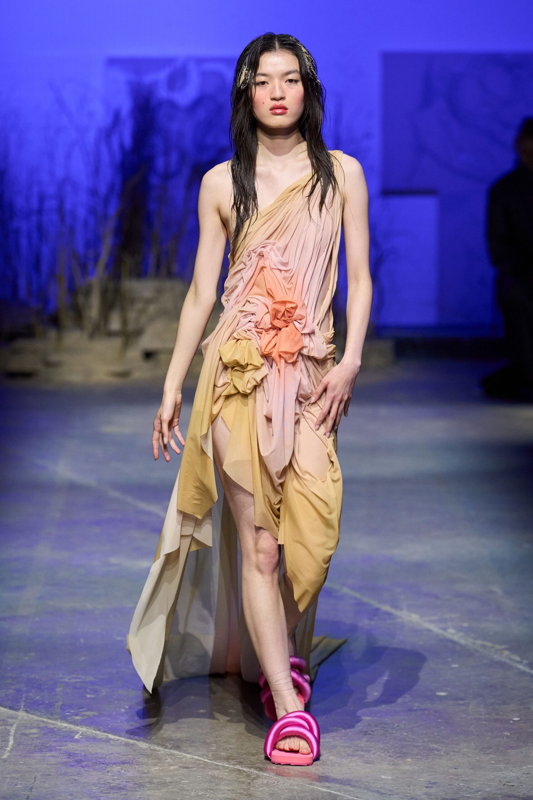 pink silk sleeveless v-neck fitted draped pleated dress
