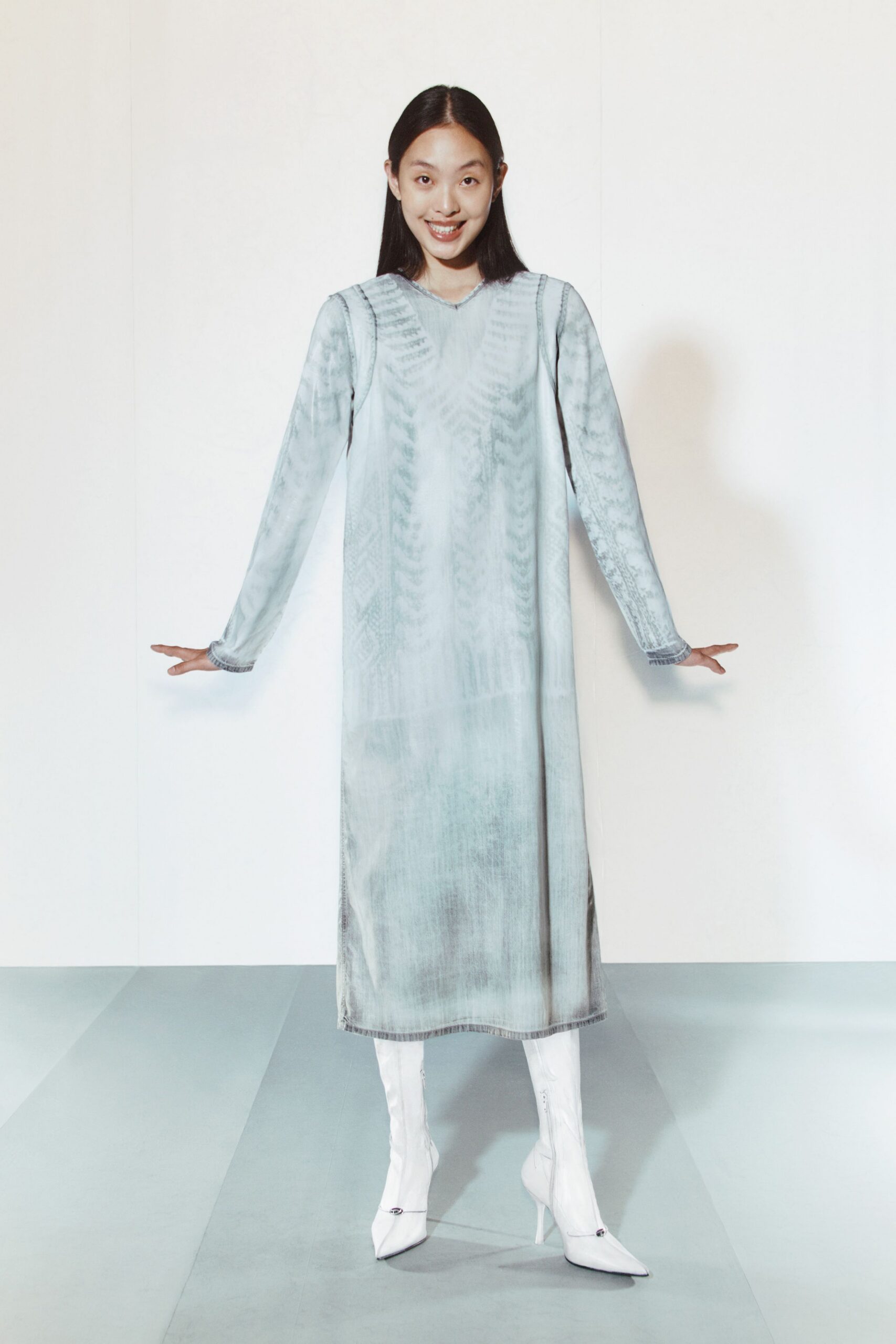blue silk long-sleeve v-neck fitted textured sheer dress