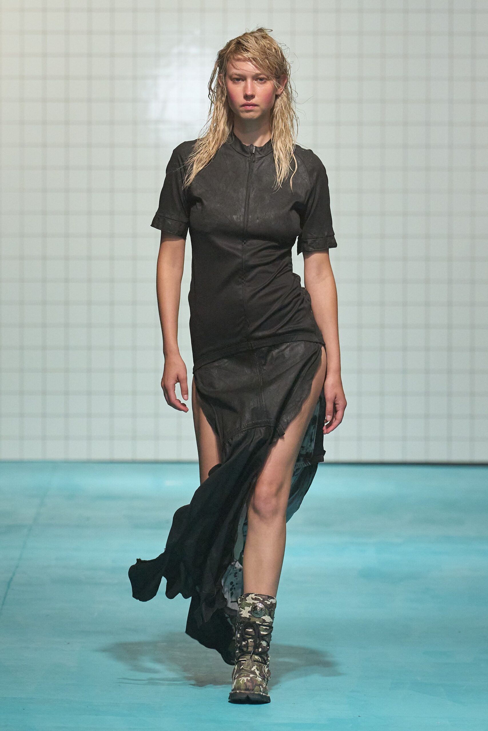 black midi dress with camouflage boots