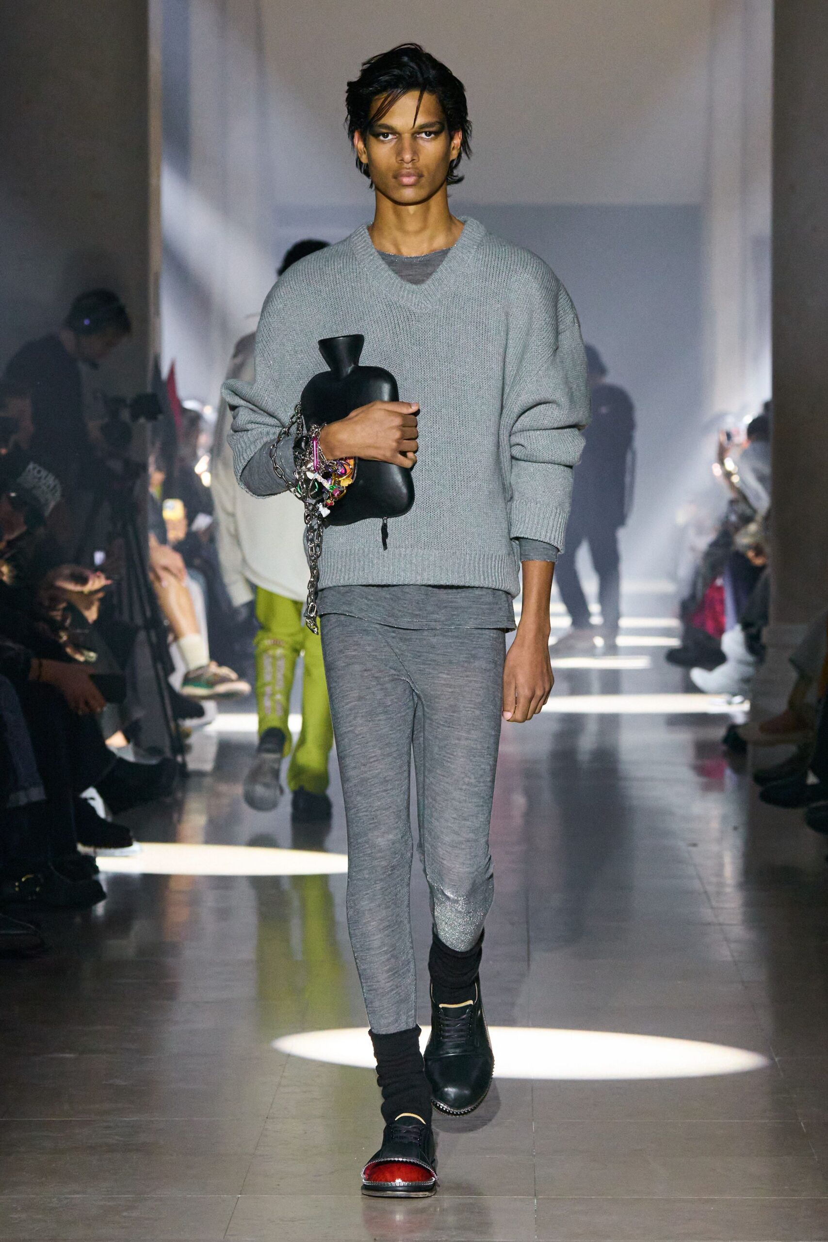 gray relaxed sweater with slim pants