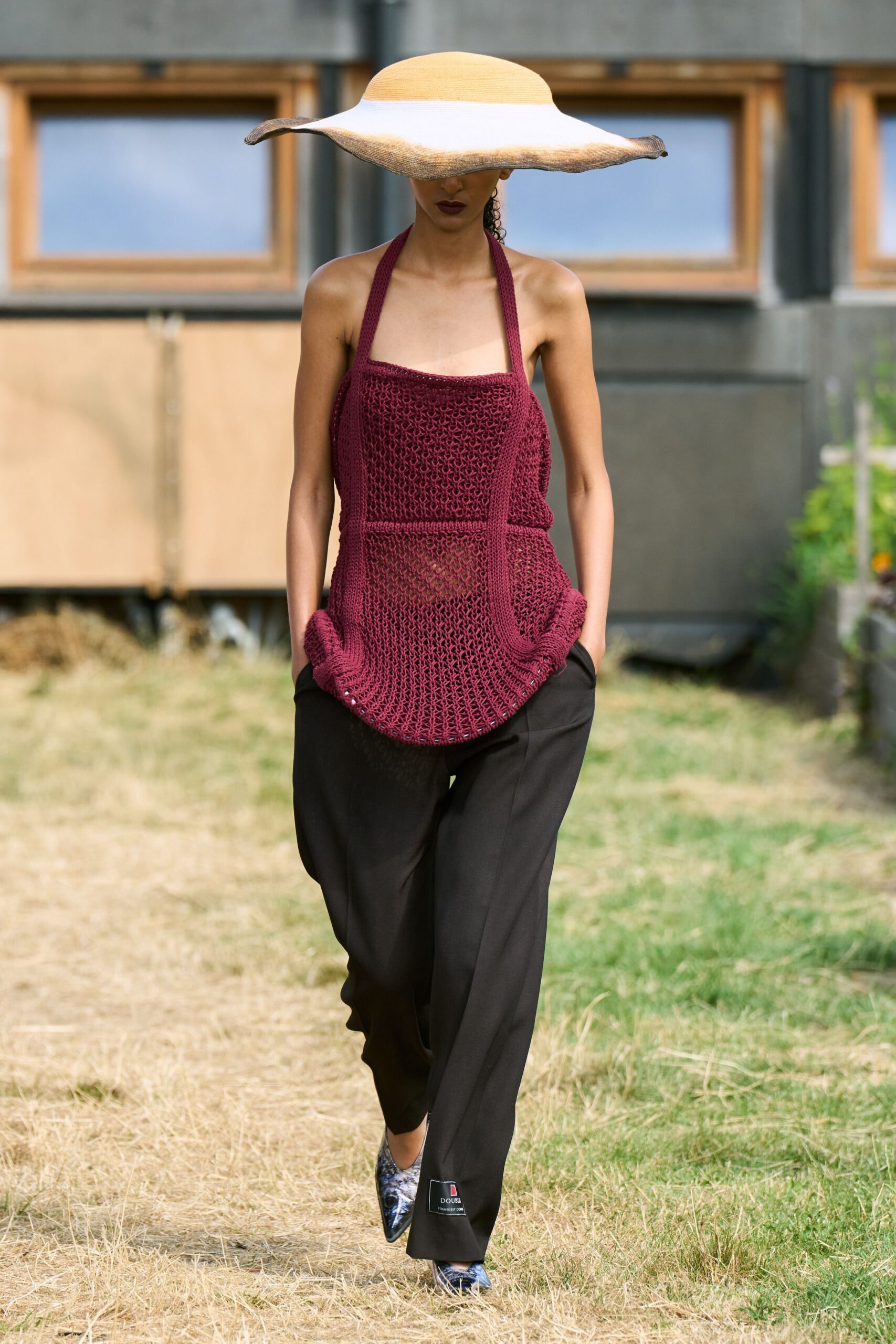 red cotton sleeveless halter fitted top