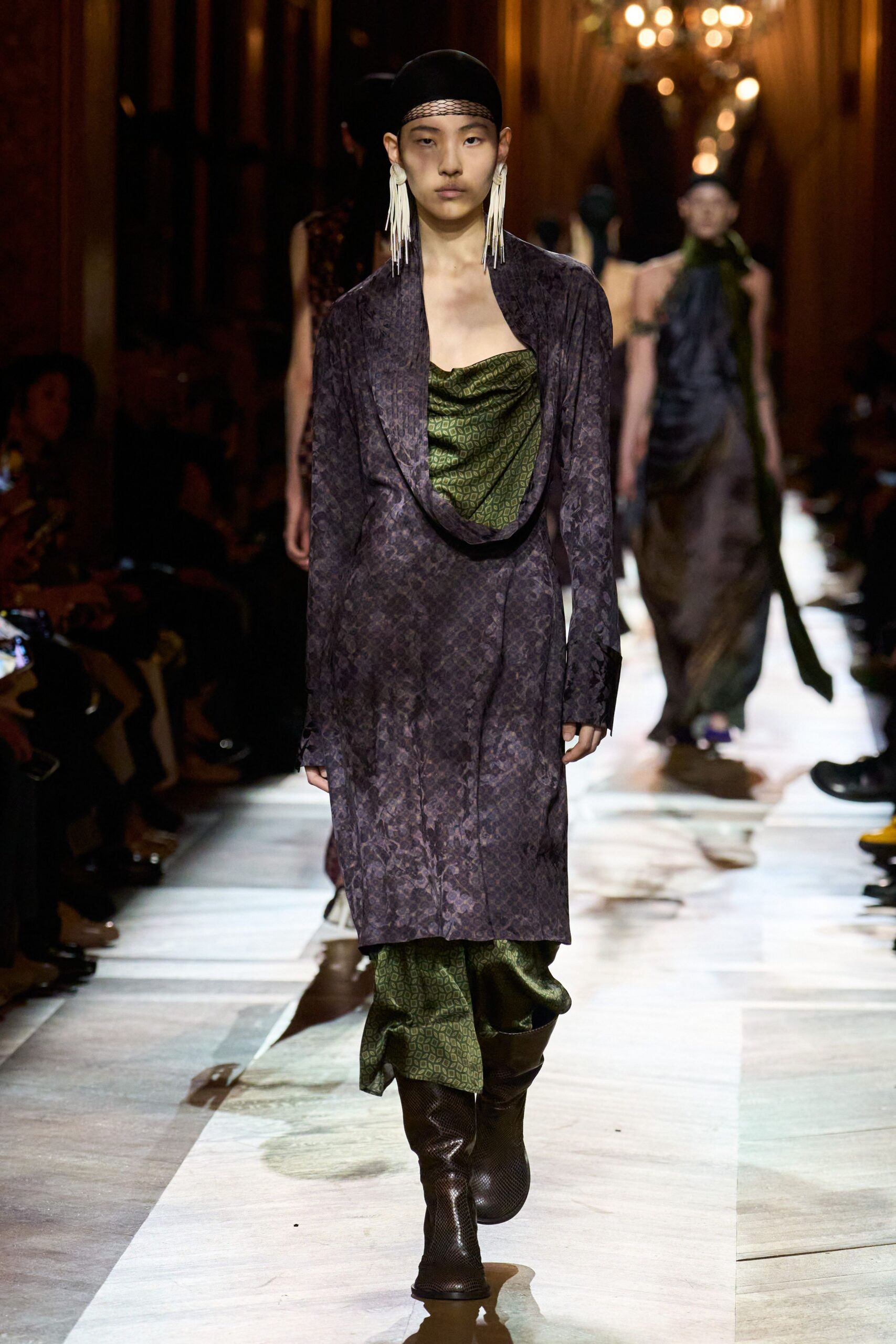 purple silk long-sleeve v-neck relaxed draped midi dress