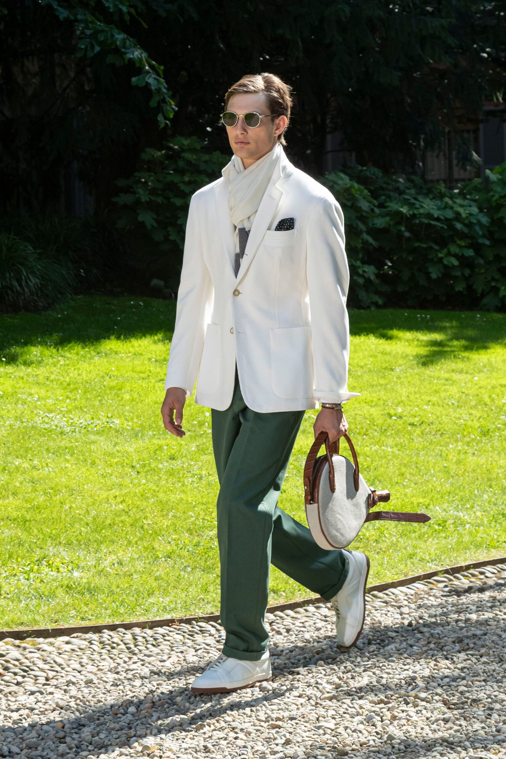 white tailored blazer with green pants