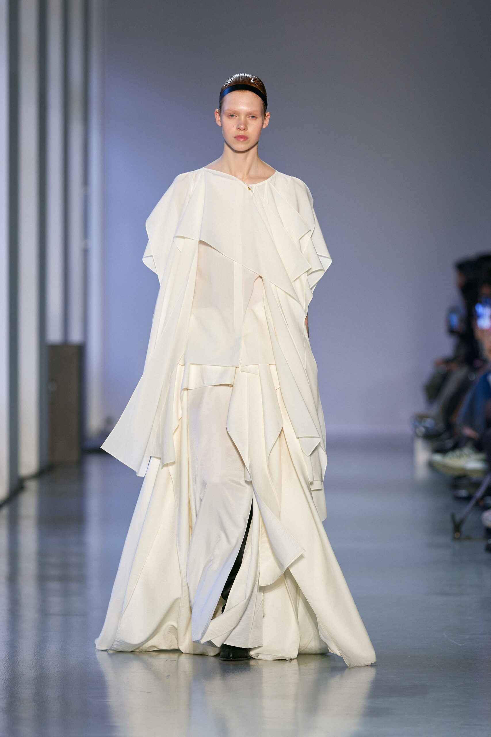 white silk flowing gown