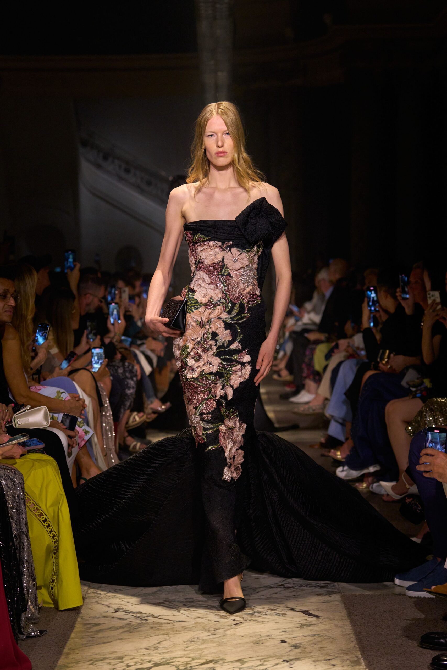 black silk strapless asymmetric fitted embroidered flared gown