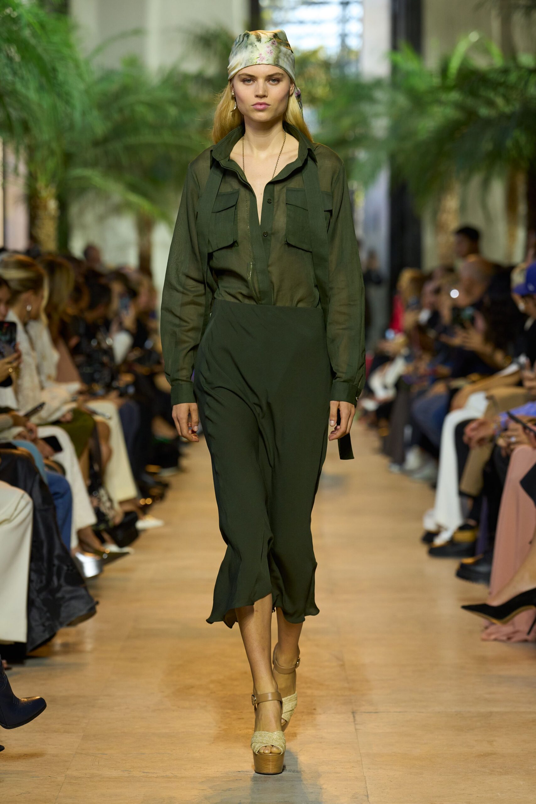 green silk long-sleeve collared relaxed buttoned sheer shirt