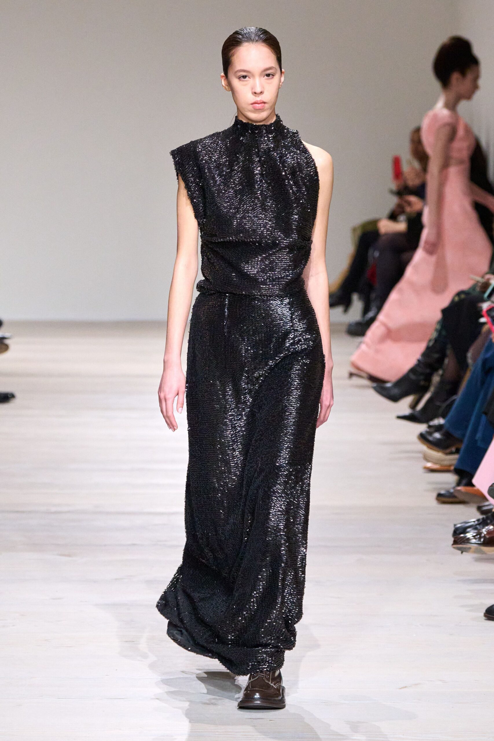 black sequin sleeveless high-neck fitted draped shiny gown