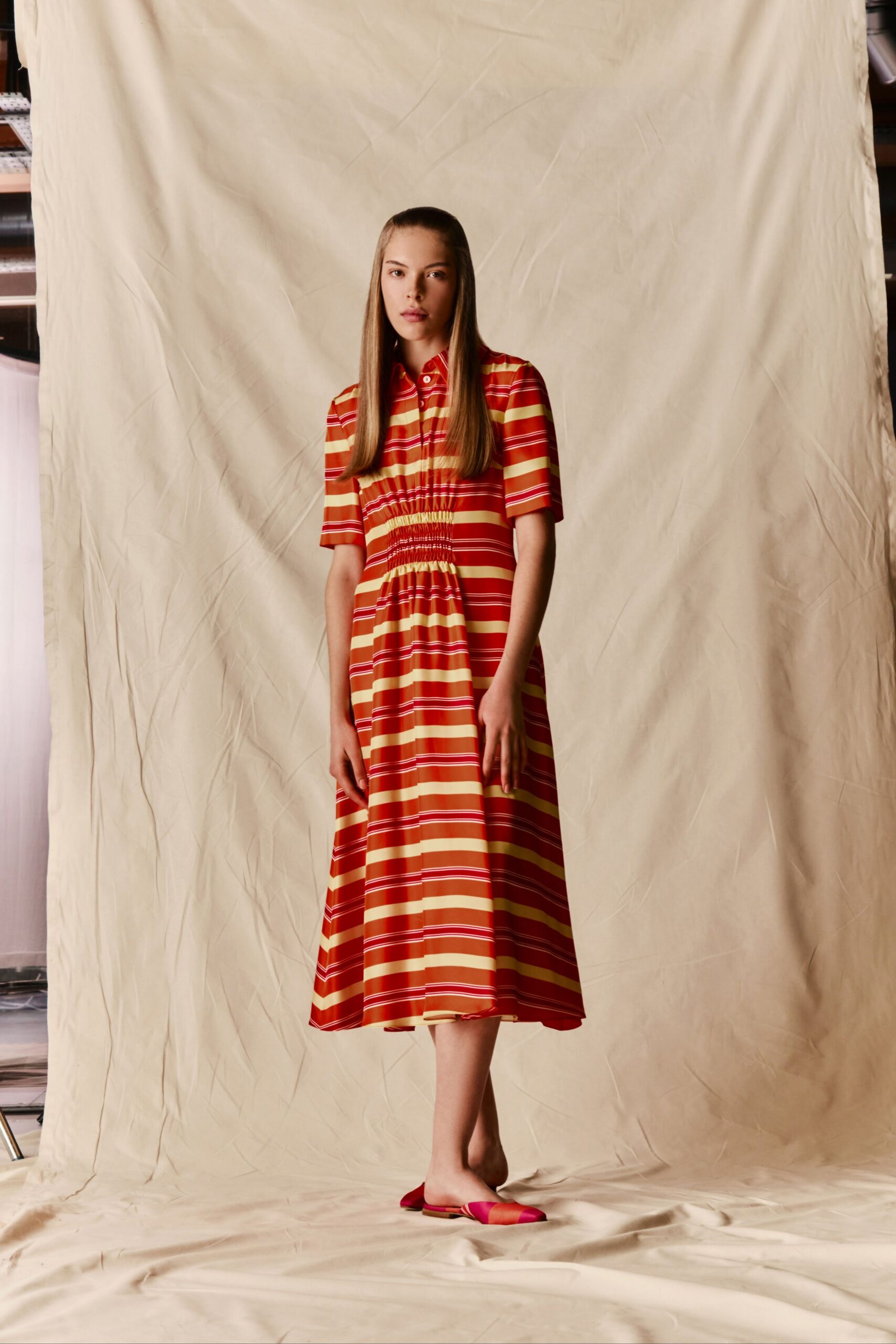 red cotton short-sleeve collared fitted striped tiered dress