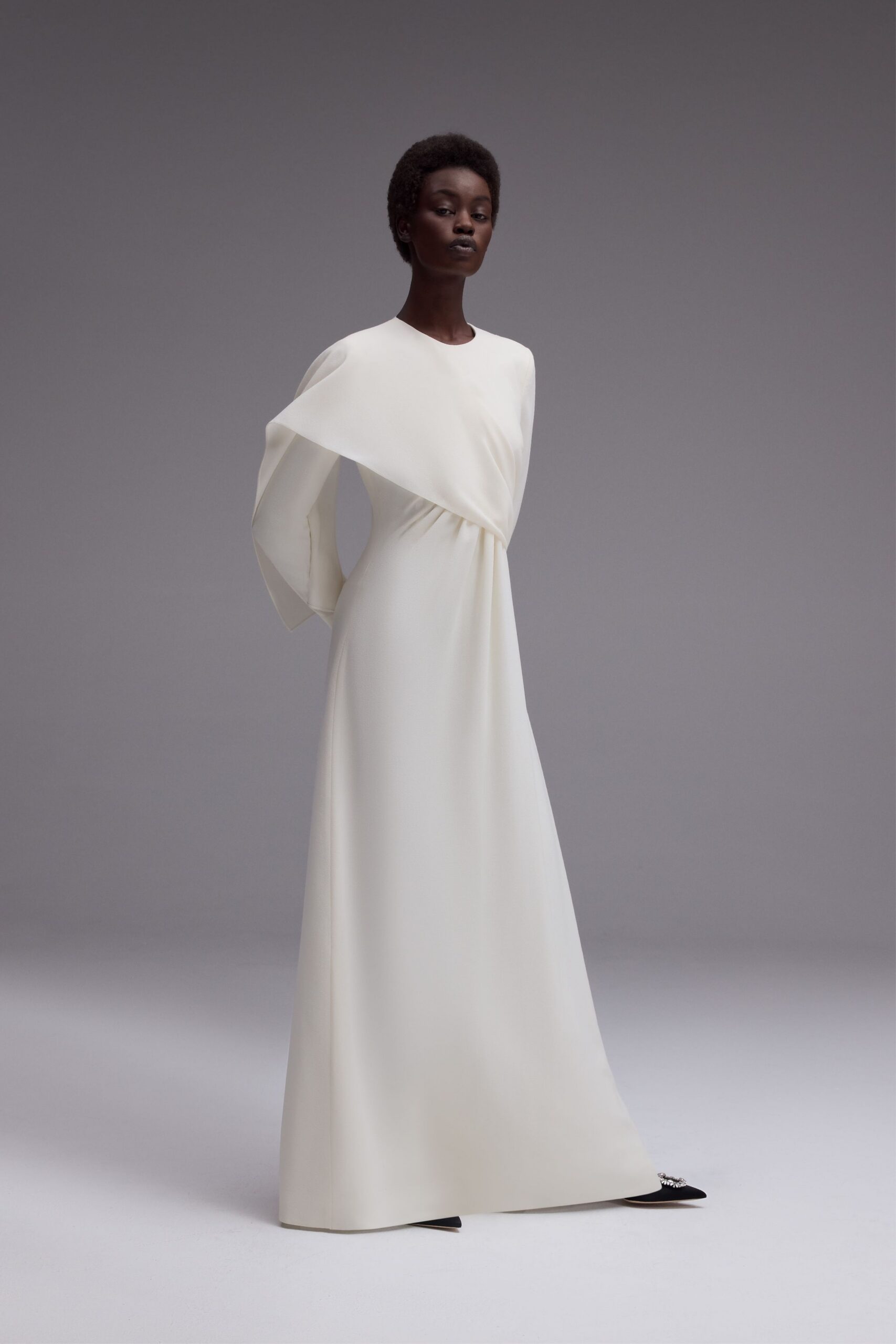 white silk off-shoulder gown