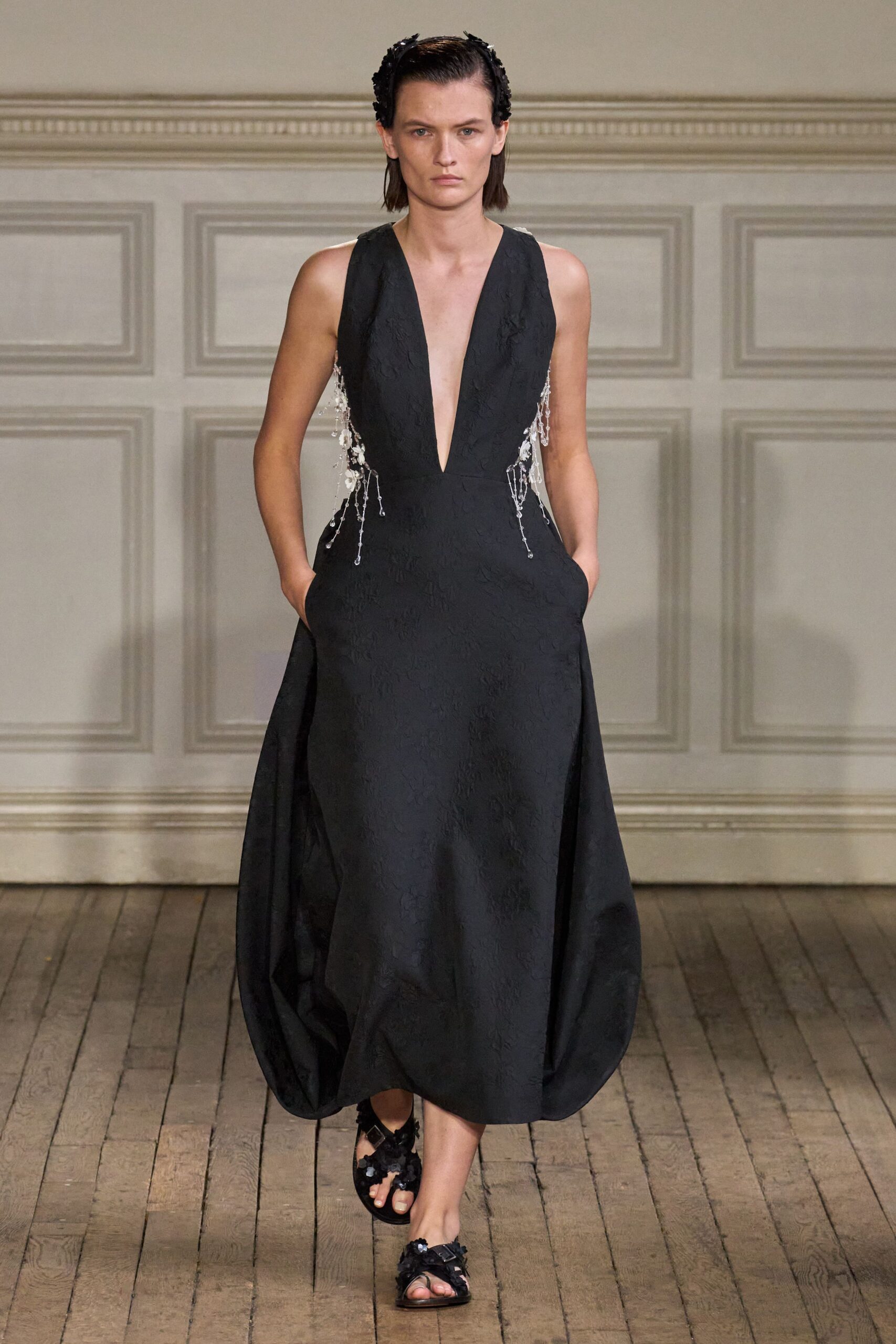 black silk midi dress with embellishments