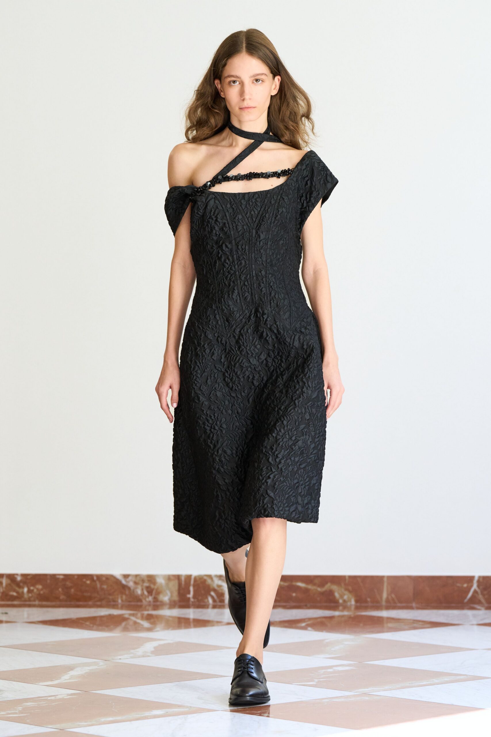 black cotton sleeveless off-shoulder fitted embroidered a-line dress