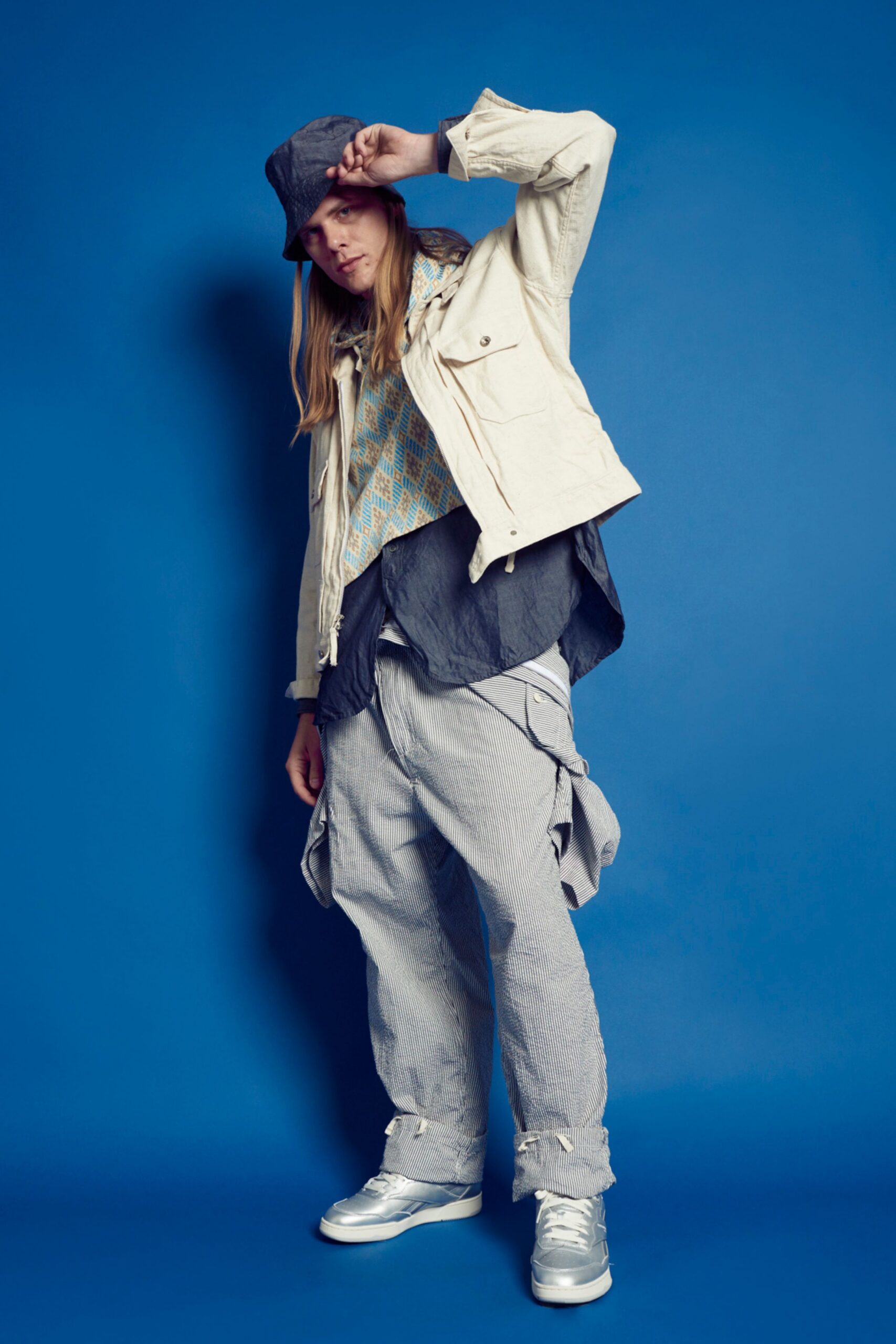 beige relaxed jacket with gray shirt