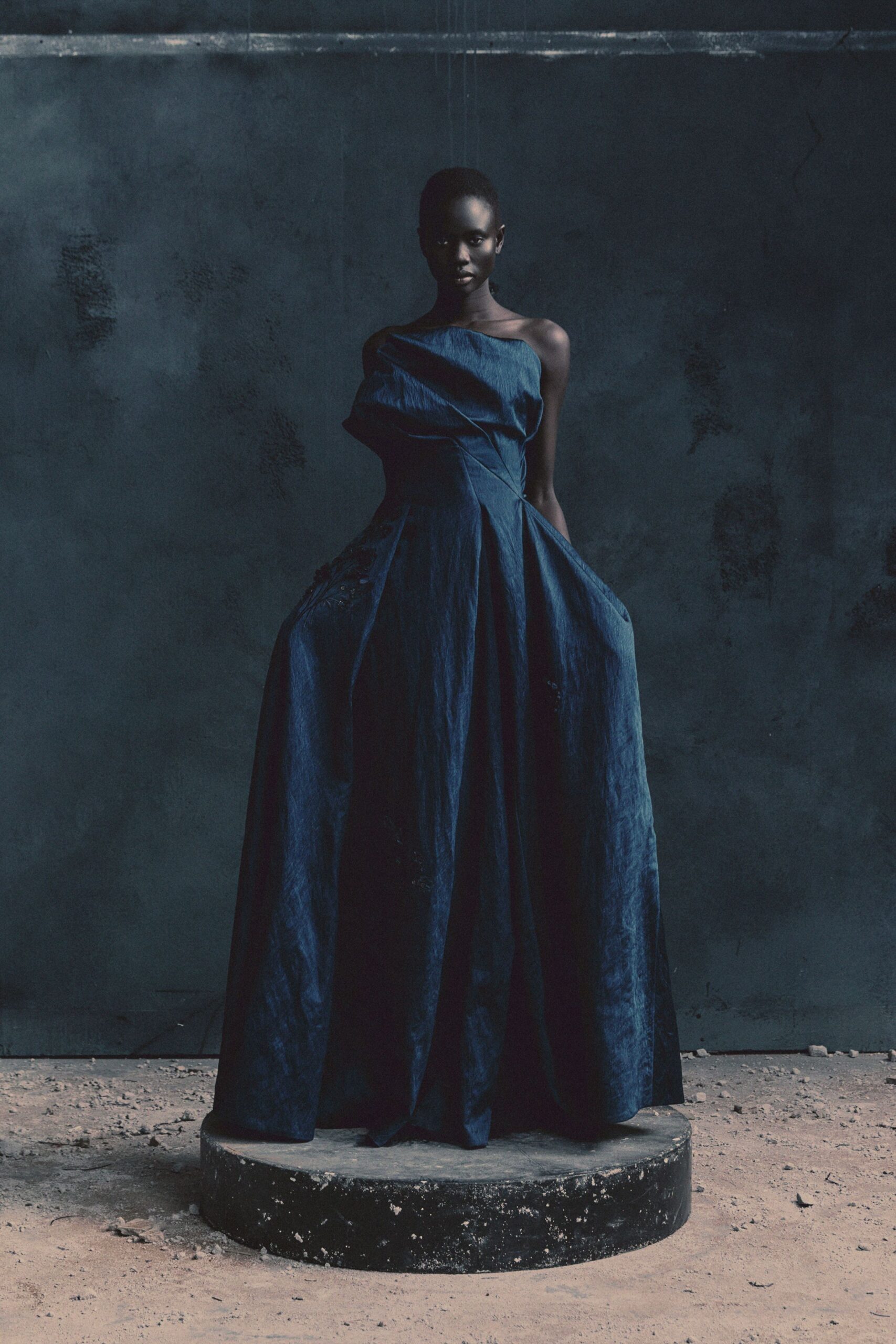 blue strapless draped gown