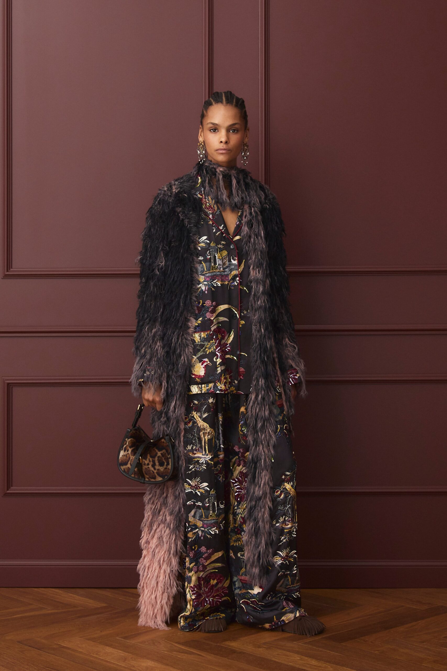 fur coat with printed shirt and pants