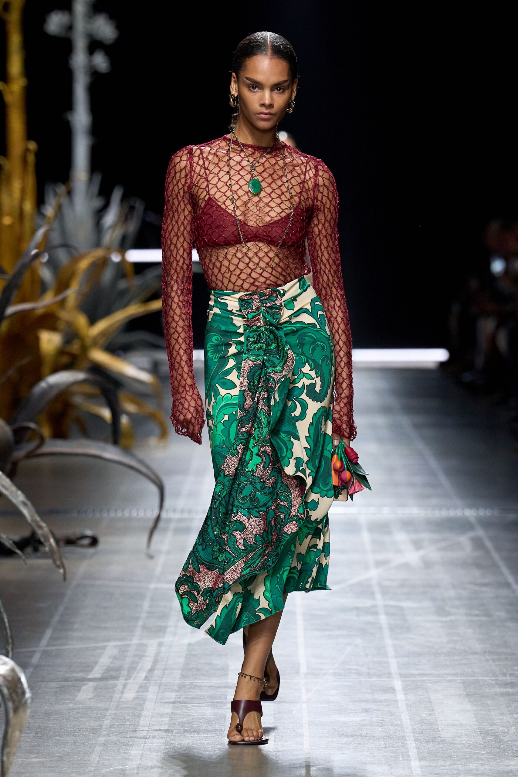 green silk fitted flared printed midi skirt