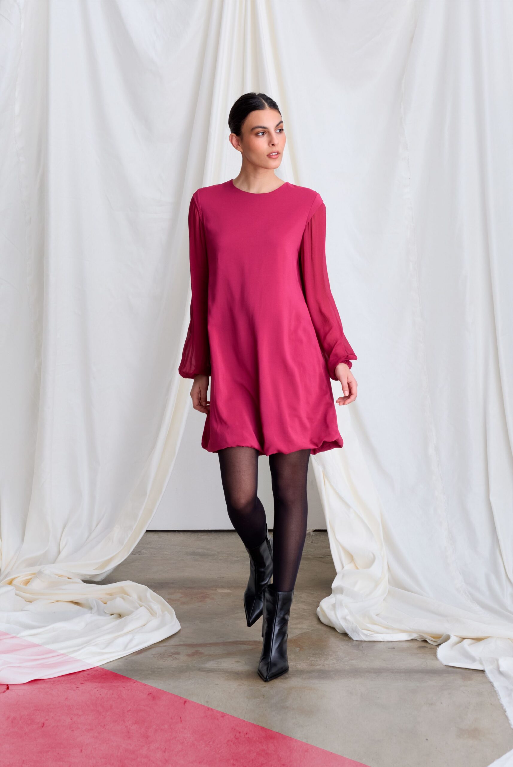 red cotton long-sleeve collared relaxed pleated mini dress