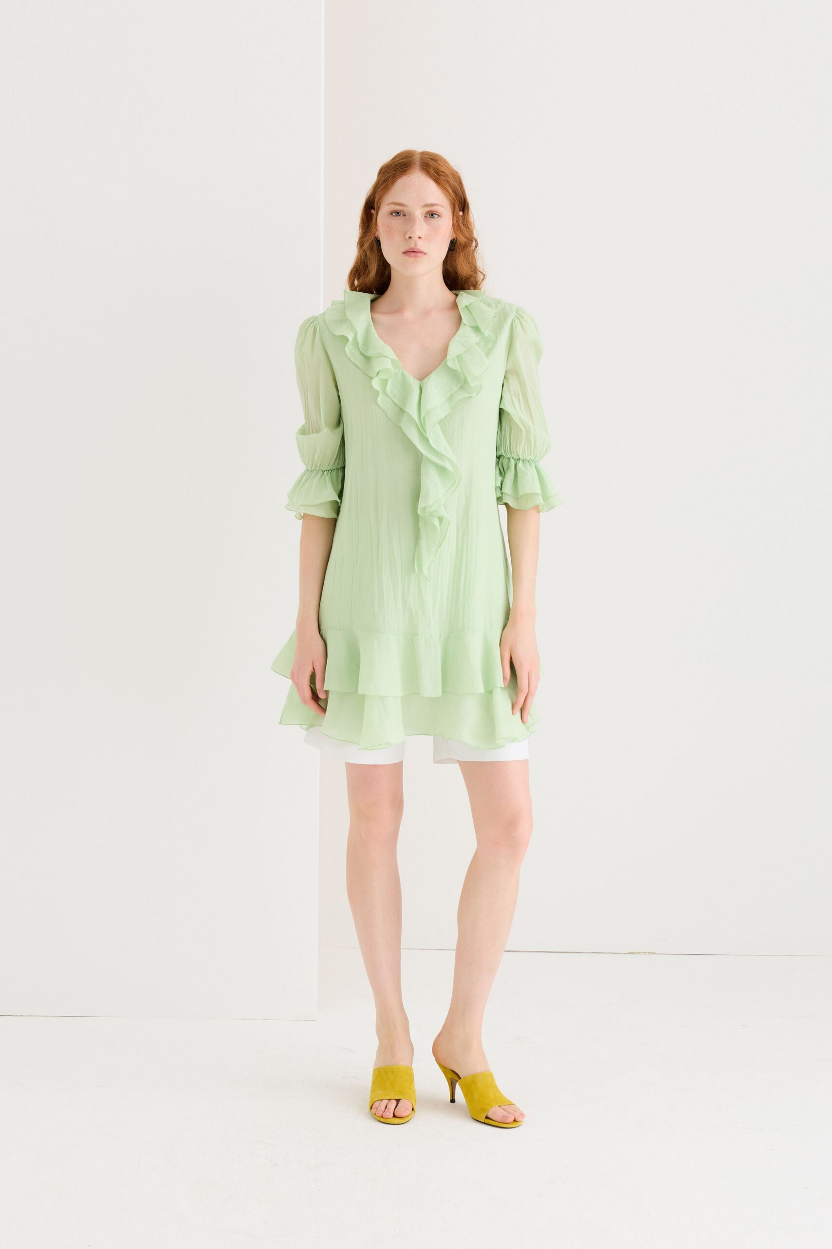 green chiffon long-sleeve v-neck relaxed ruffled layered top