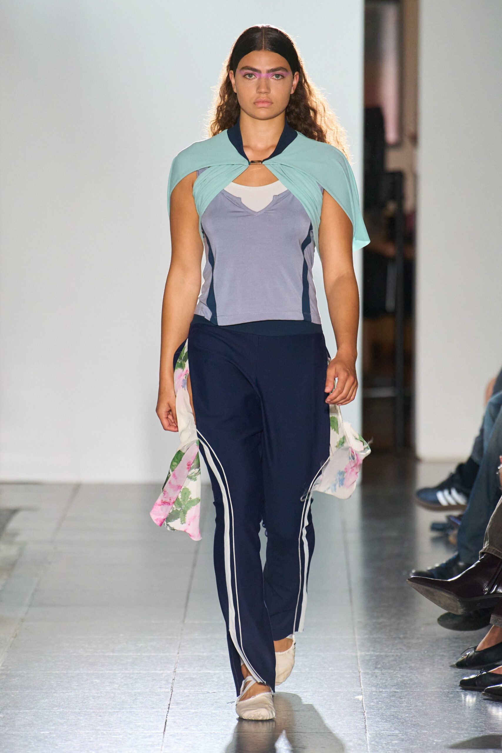 gray blue fitted top with navy pants