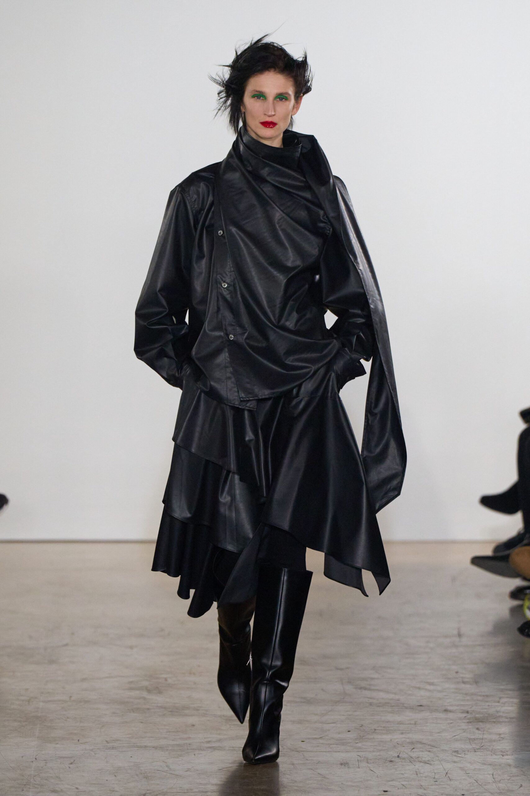black leather long-sleeve v-neck fitted layered midi dress