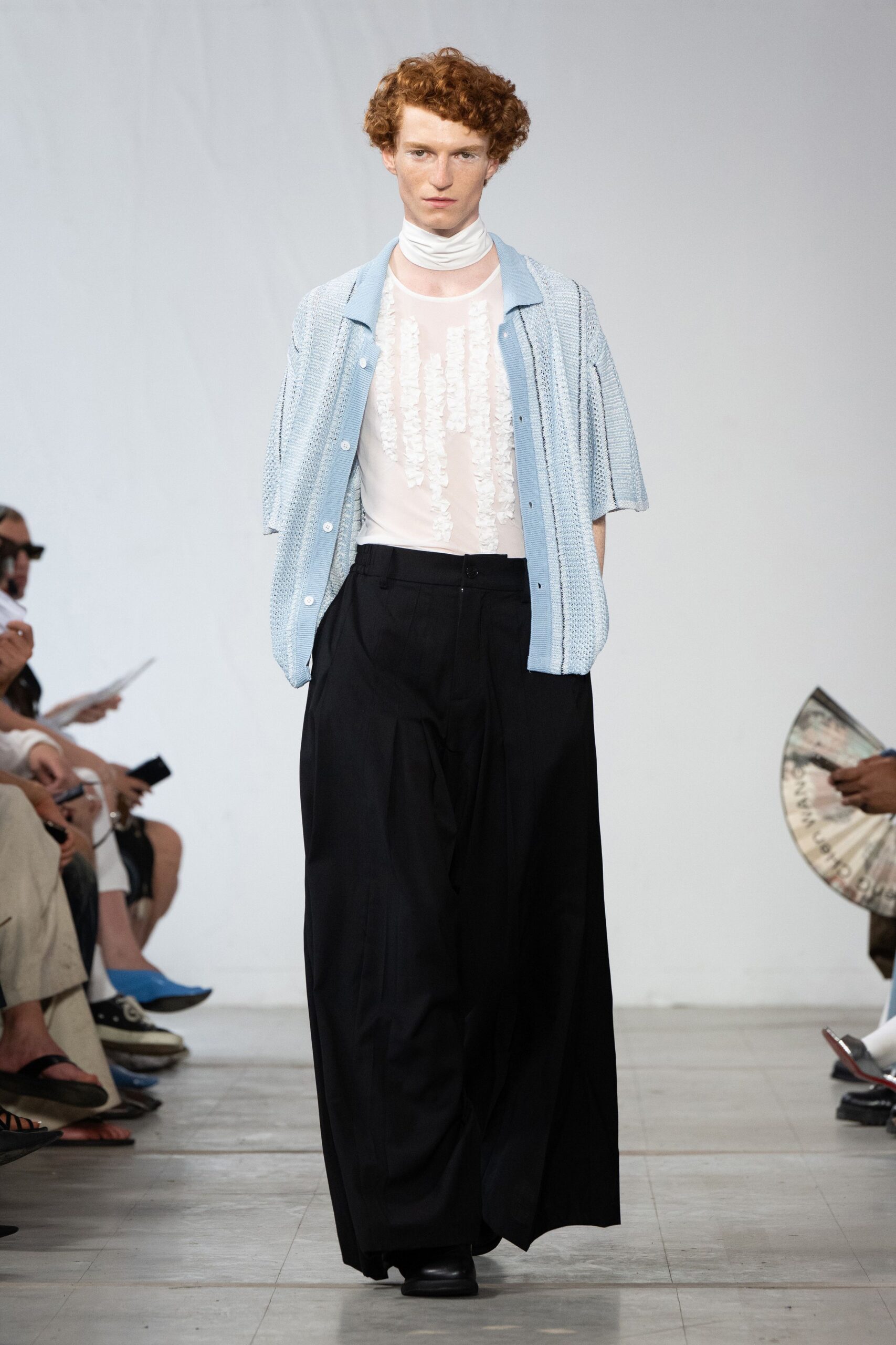 blue cotton short-sleeve collared relaxed textured jacket