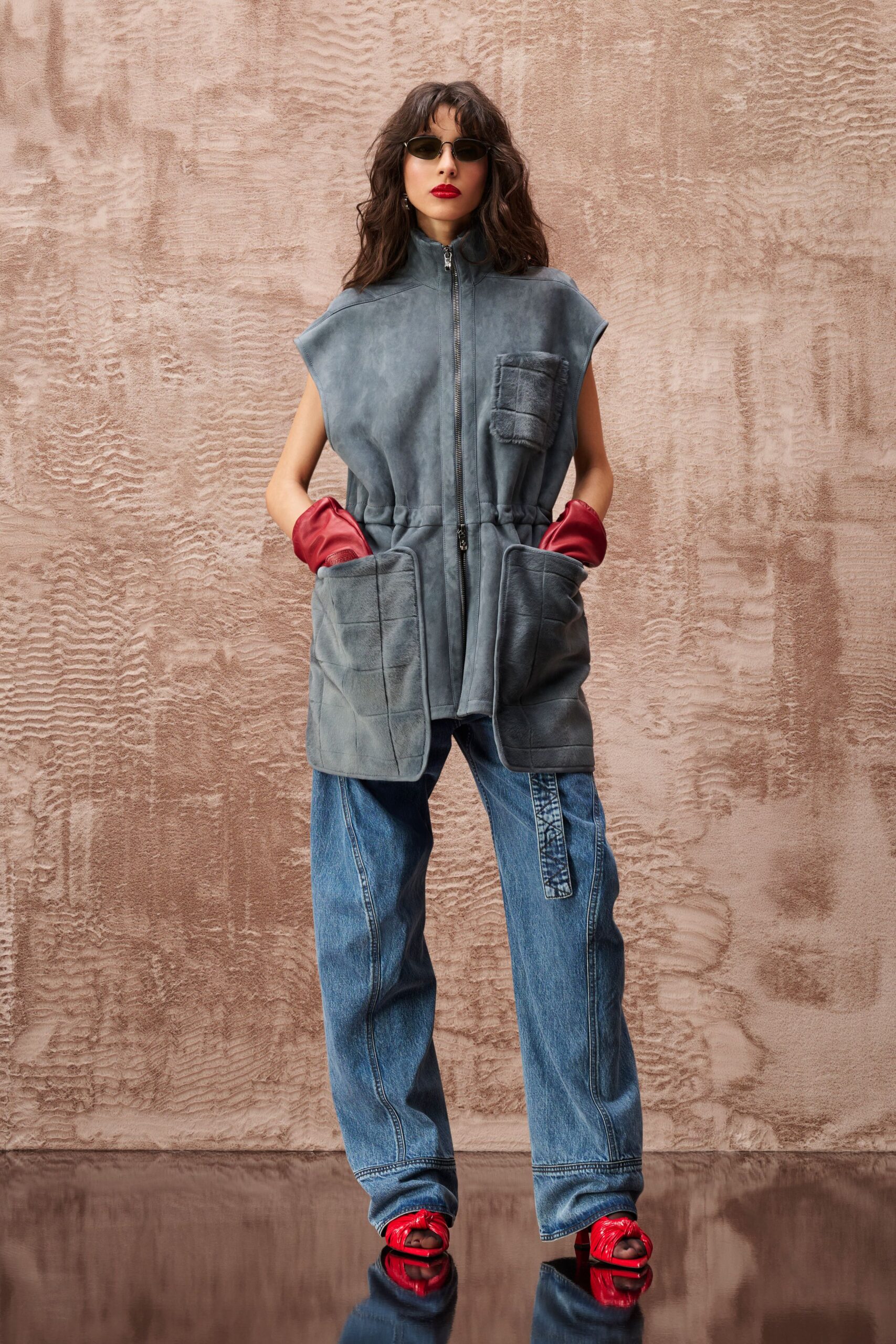 gray leather sleeveless relaxed zippered pockets vest